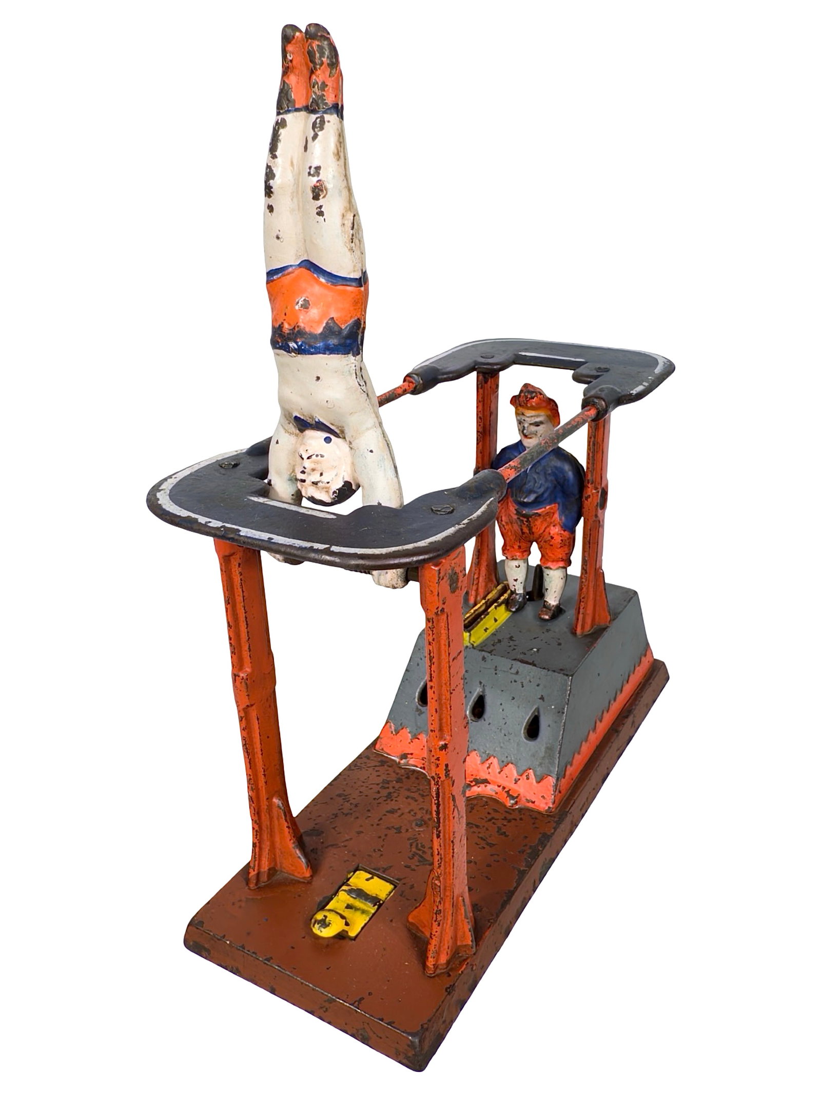 The Acrobats Bank with Gray & Red Coin Box: By the J. & E. Stevens Company. Cromwell, Ct. - Circa Mid 1880's. This kinetic toy bank portrays circus acrobats at play. To operate the bank for deposit, put your coin in the raised slot in front of 