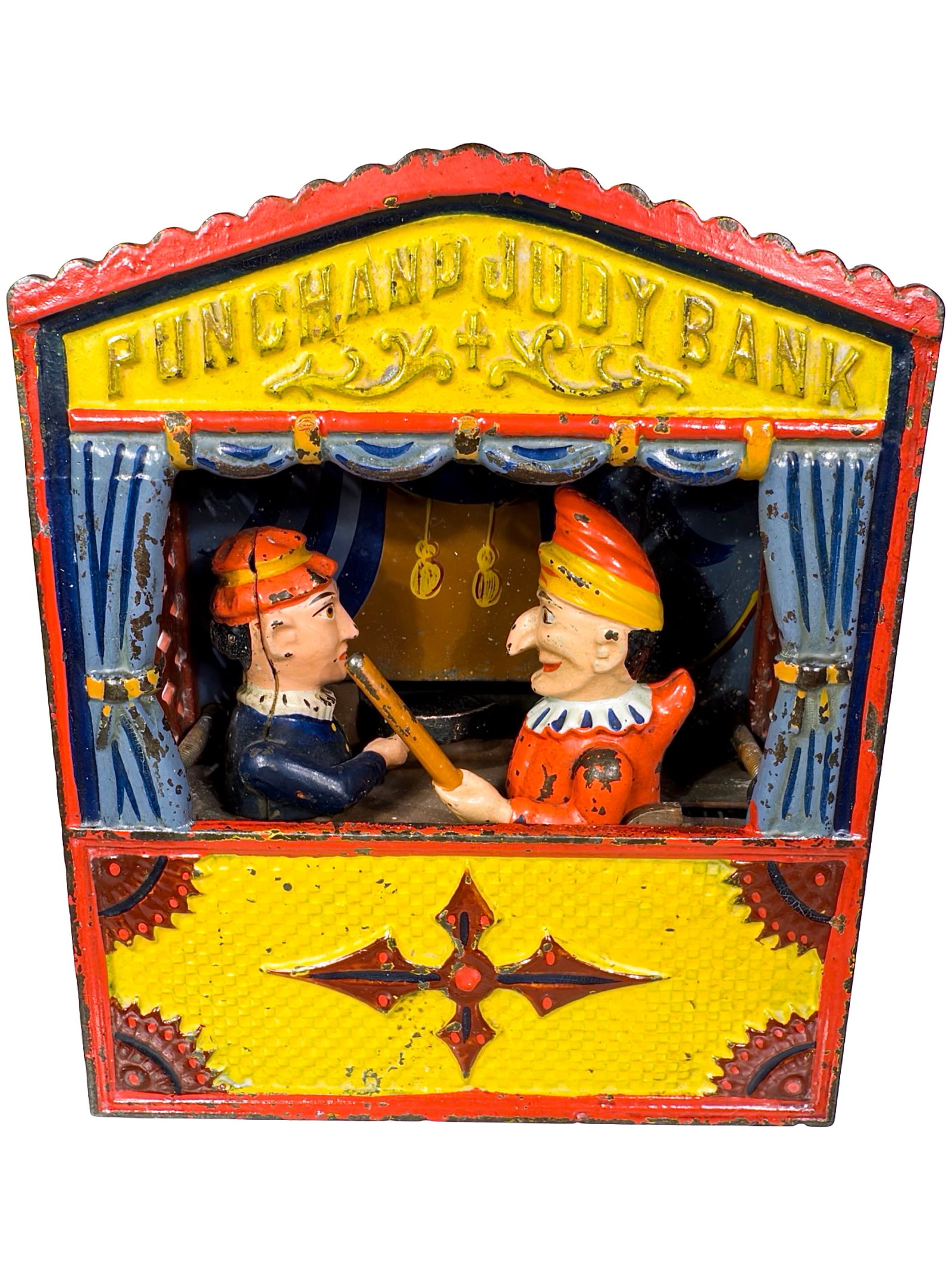 Punch and Judy Bank - Version with Large Letters: By Shepard Hardware Company. Buffalo, NY - Circa Early 1890's. The curtain has gone up on the classic English puppet show. Coins placed on Judy's tray are deposited when the lever is firmly pressed do