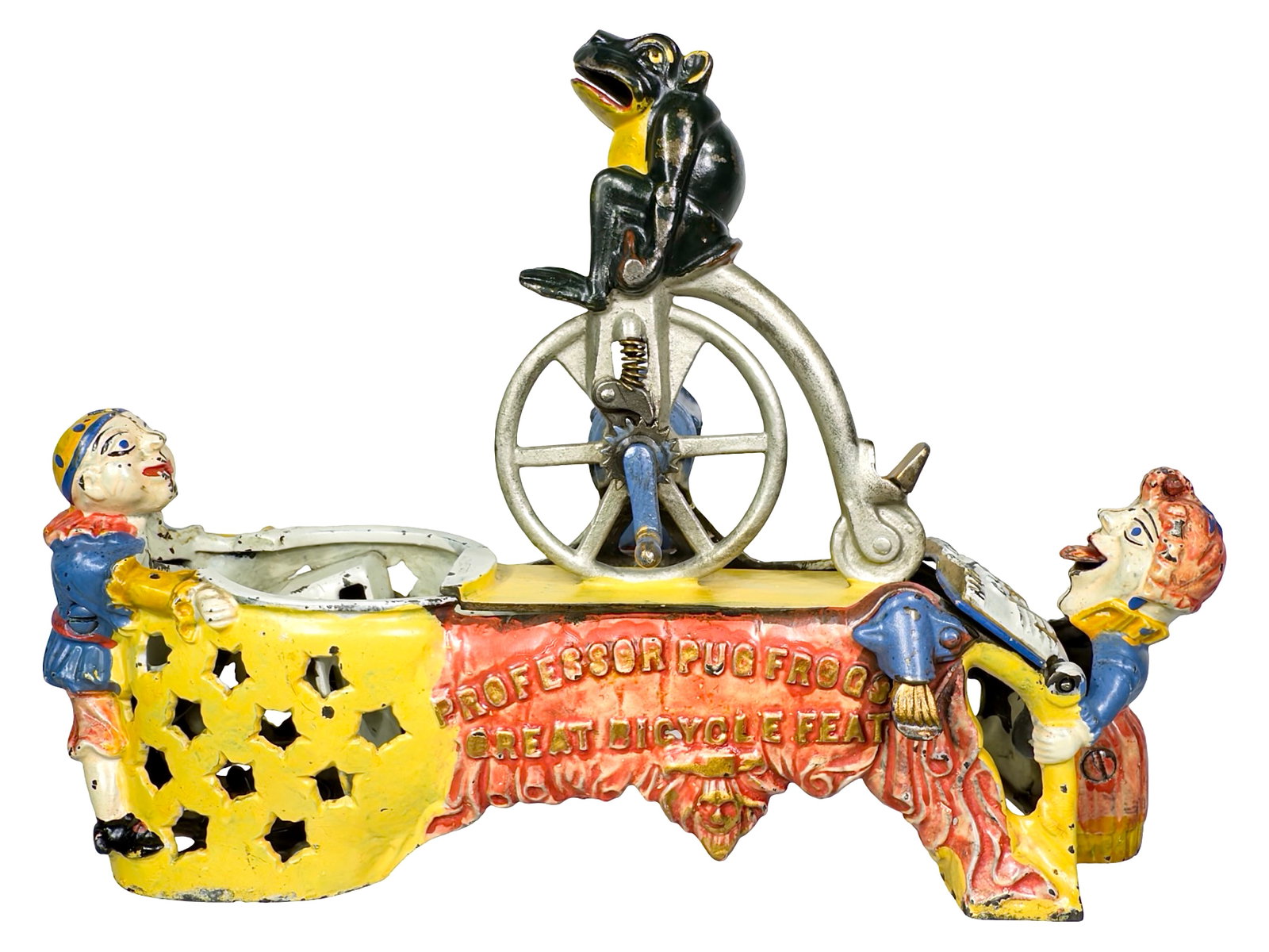 Professor Pug Frog's Bicycle Feat - Mechanical Bank: Gold Letters on Red Blanket Variant. By the J. & E. Stevens Company. Cromwell, Ct. - Circa Mid 1890's. The "Pug Frog" has long been a favorite with collectors because of its vivid color and dynamic ac