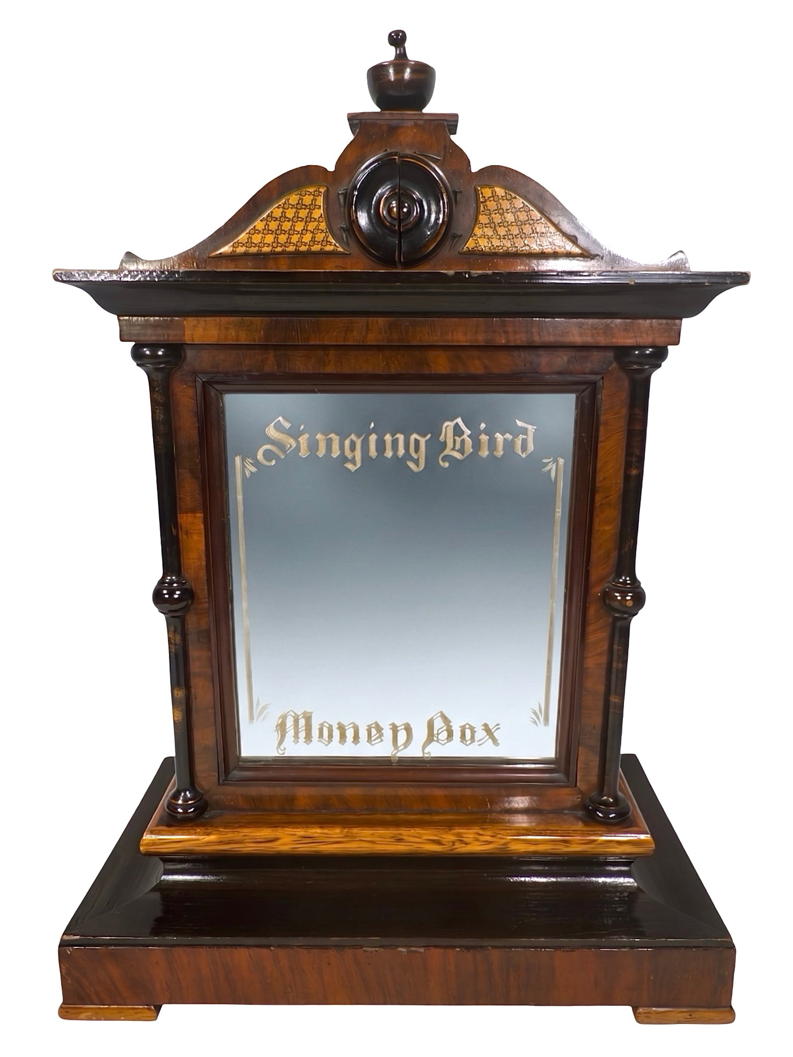 The Singing Bird Money Box: German Manufacturer - Circa 1895. Clearly made for the English Market. 15" Tall x 9 1/2" Wide x 6" Deep. Originally in the John Haley Collection. This elegant musical bank uses solid woods and veneers