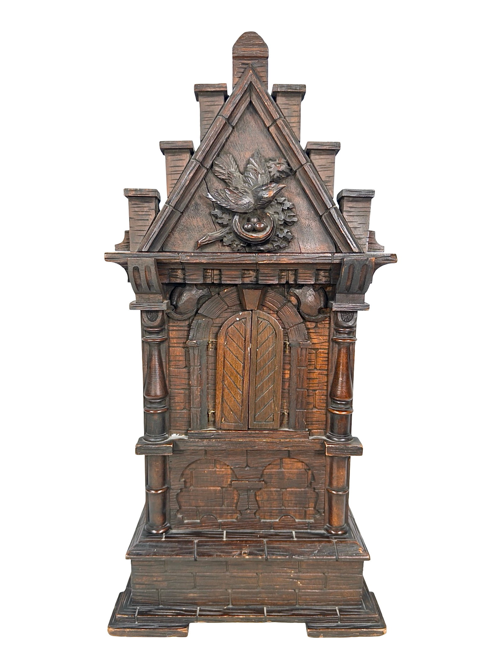 Bavarian Bugler Musical Bank: German Manufacturer - Circa 1895. 17" Tall x 8" Wide x 5 3/4" Deep. Illustrated P. 183 in Morphy Book. This is definitely an impressively scaled musical toy bank wonderment. Its dramatic stepped roof 
