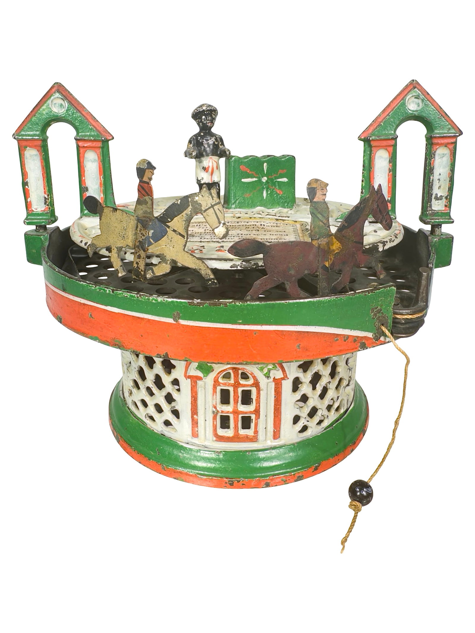 Horse Race Bank - Version with Flanged Base: By the J. & E. Stevens Company. Cromwell, Ct. - Circa Mid 1870's. This bank was originally marketed by the Stevens Company as the "Race Course Bank". A thin powerful spring sets the motion of the tin 