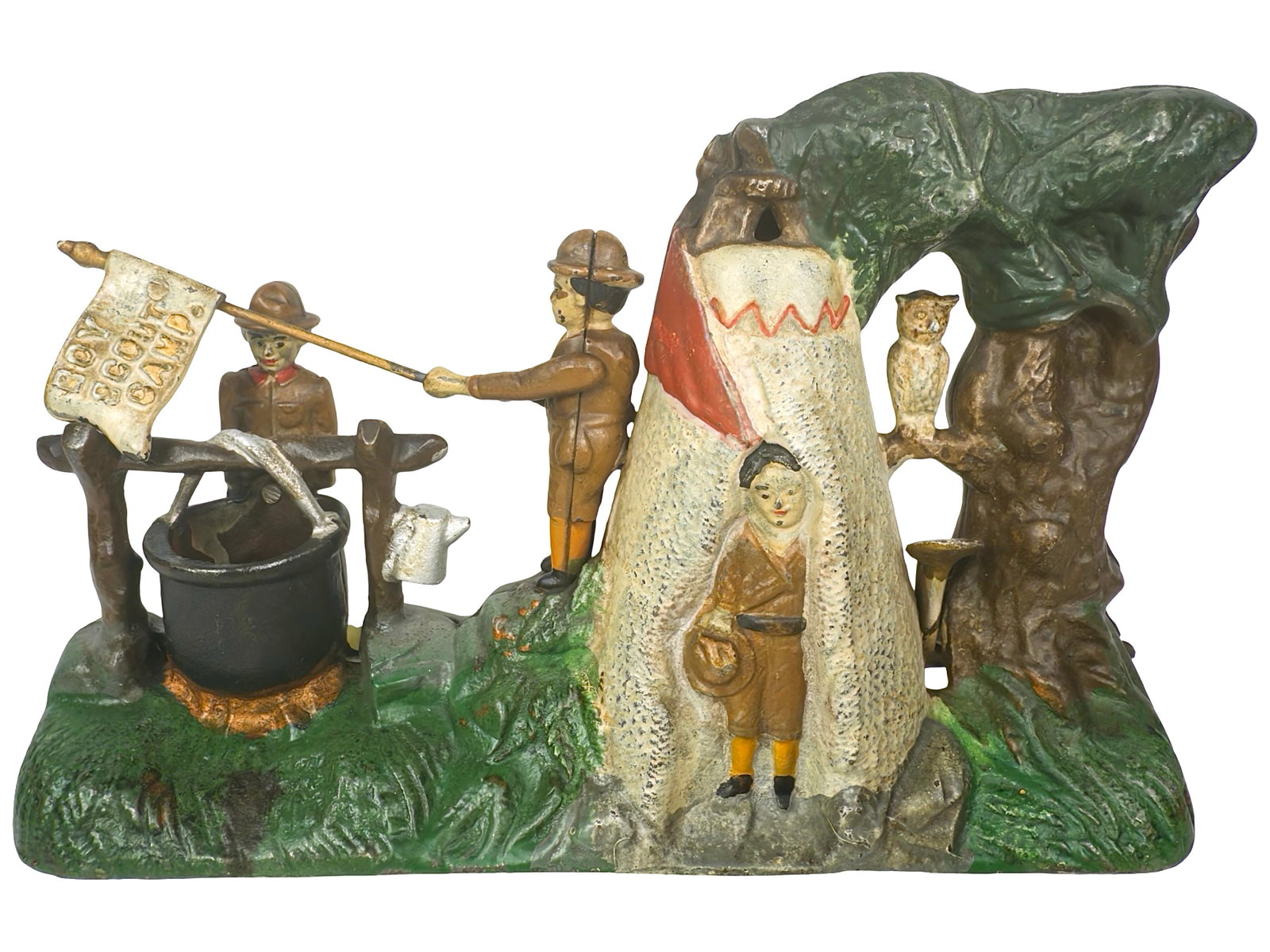 Boy Scout Camp - Mechanical Bank: By the J. & E. Stevens Company. Cromwell, Ct. - Circa Late 1910's. Bob and Shirley Peirce Collection. Three scouts have set up camp in the wilderness. One boy, hat in hand, emerges from tent. A second