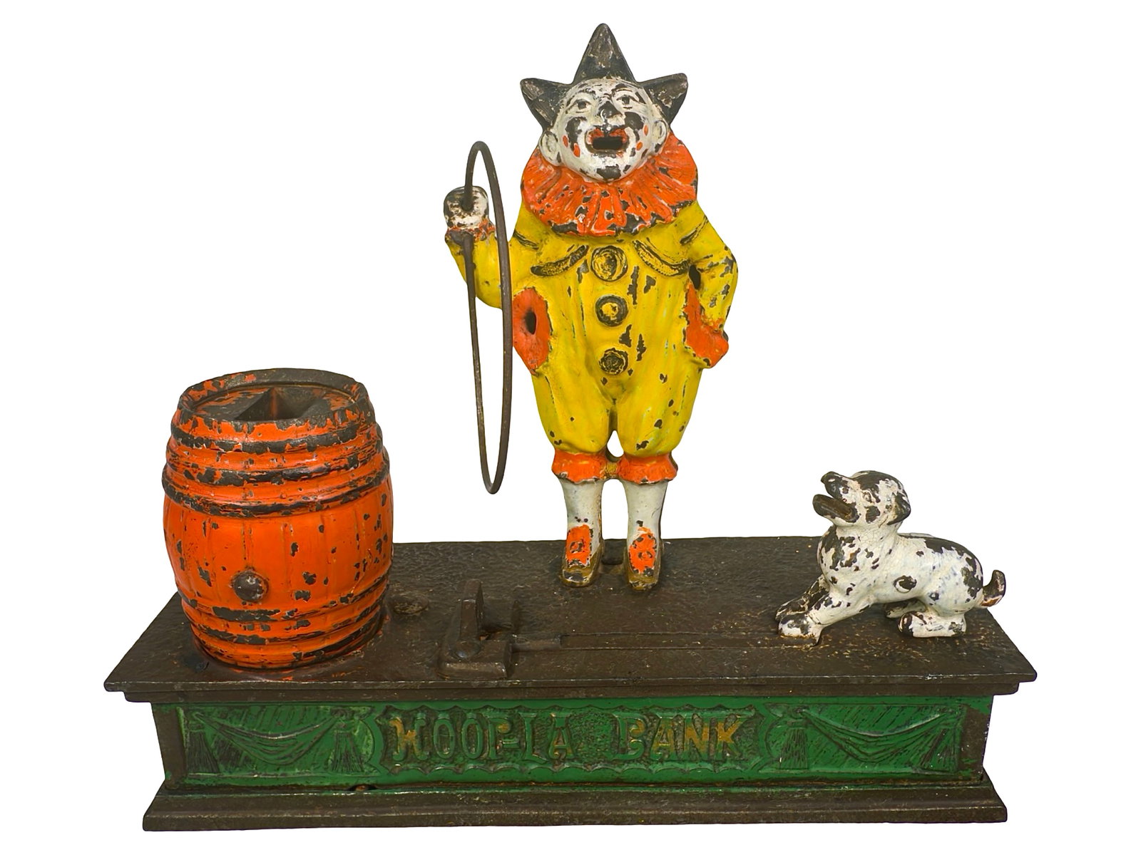 Hoop - La - Mechanical Bank: By the John Harper Company. Great Britain - Late 1890's. Bob and Shirley Peirce Collection. A clown with three funny-looking tufts of hair performs his act with the aid of his trained jumping dog. Thi