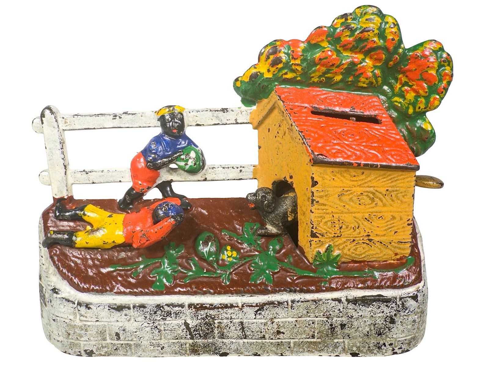 Boys Stealing Watermelons - Mechanical Bank: By the Kyser and Rex Company. Frankford, Pa. - Circa Late 1880's. Two boys have come upon ripe watermelons in a neighbor's yard. They are guarded by a dog who has fallen asleep on the job. One boy has