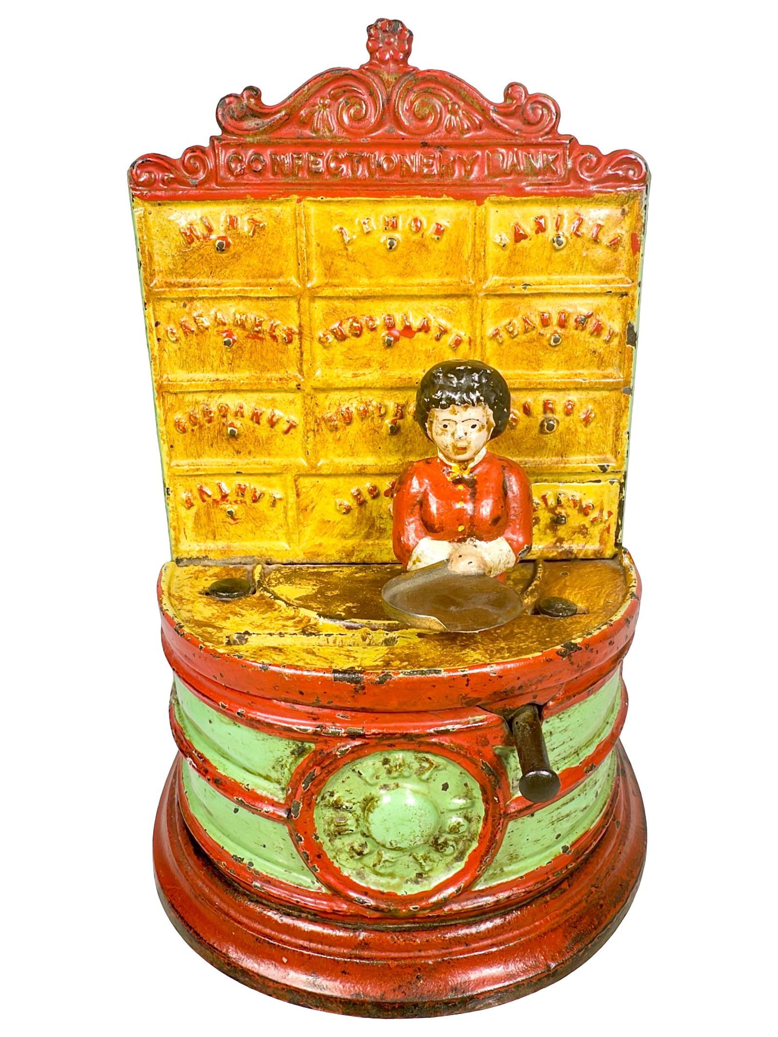 Confectionary - Mechanical Bank: By the Kyser and Rex Company. Frankford, Pa. - Circa 1880's. The candy store shopkeeper standing in front of her drawers makes for a very appealing composition; one that truly evokes the atmosphere of