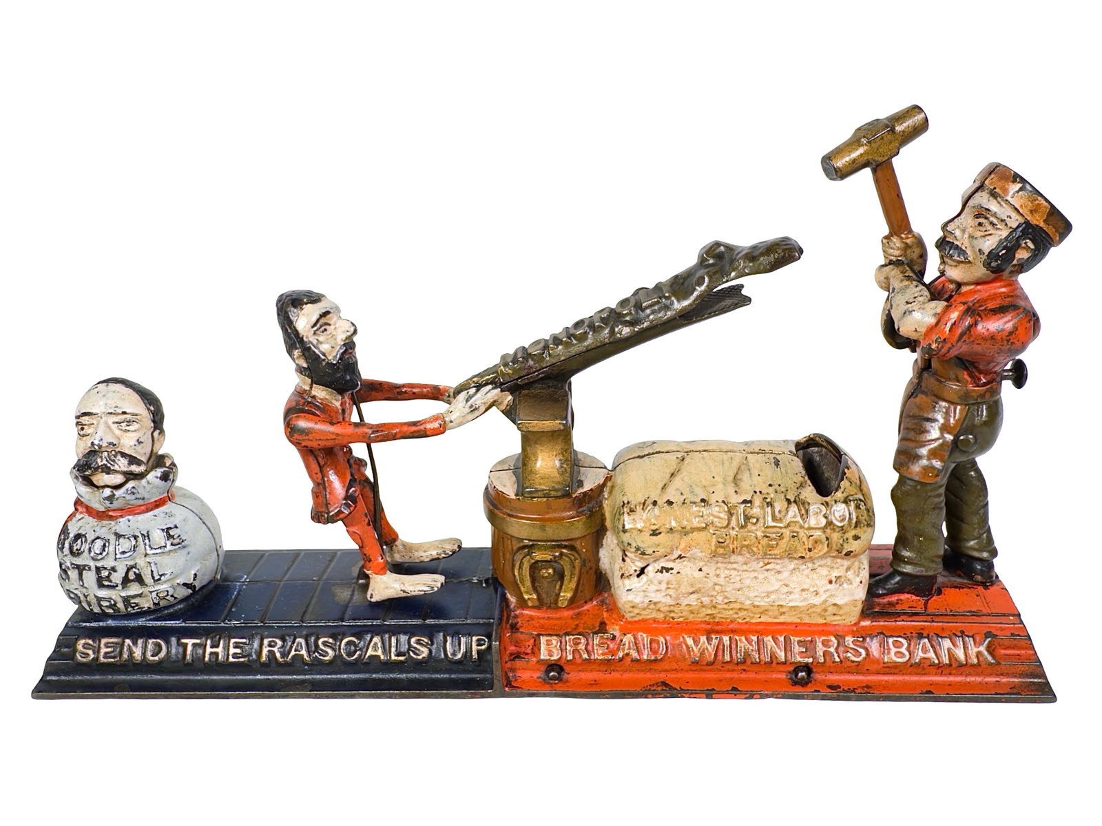 The Bread Winners - Mechanical Bank: Designed by Charles Bailey for the J. & E. Stevens Company. Cromwell, Ct. - Circa Late 1880's. From the Steckbeck Collection. The Bread Winners Bank references the harmful effects exerted by monopolie