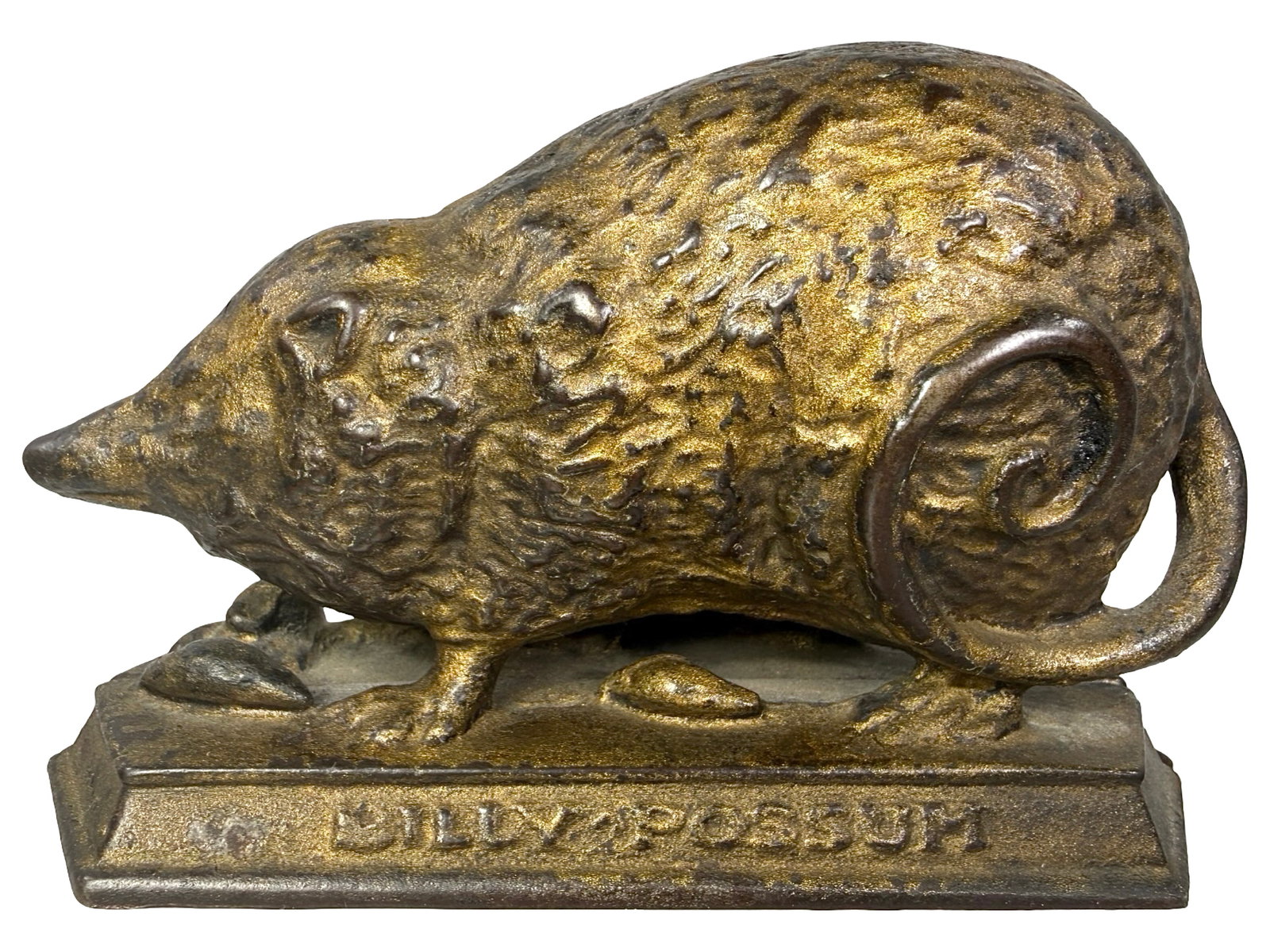 Gold Billy Possum Bank: a.k.a "Possum and Taters". Made by the J. M. Harper Company. Chicago - Circa 1909 - 3" T x 4" W. Bob and Shirley Peirce Collection.