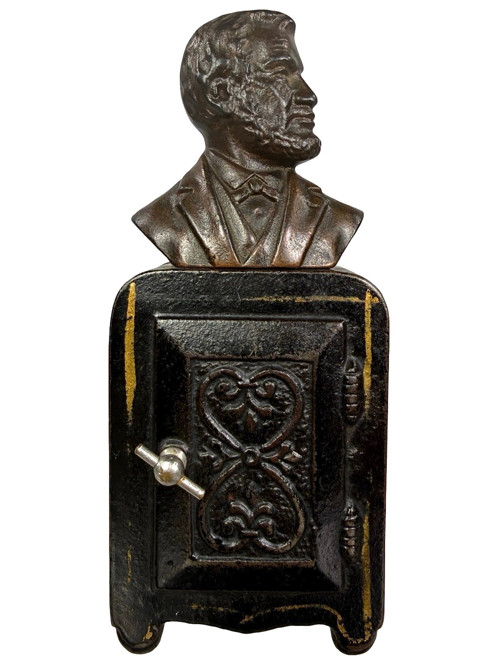Abraham Lincoln Safe Bank: Made by the J. M. Harper Company. Chicago - Circa 1903 - 5 5/8" Tall. Bob and Shirley Peirce Collection.
