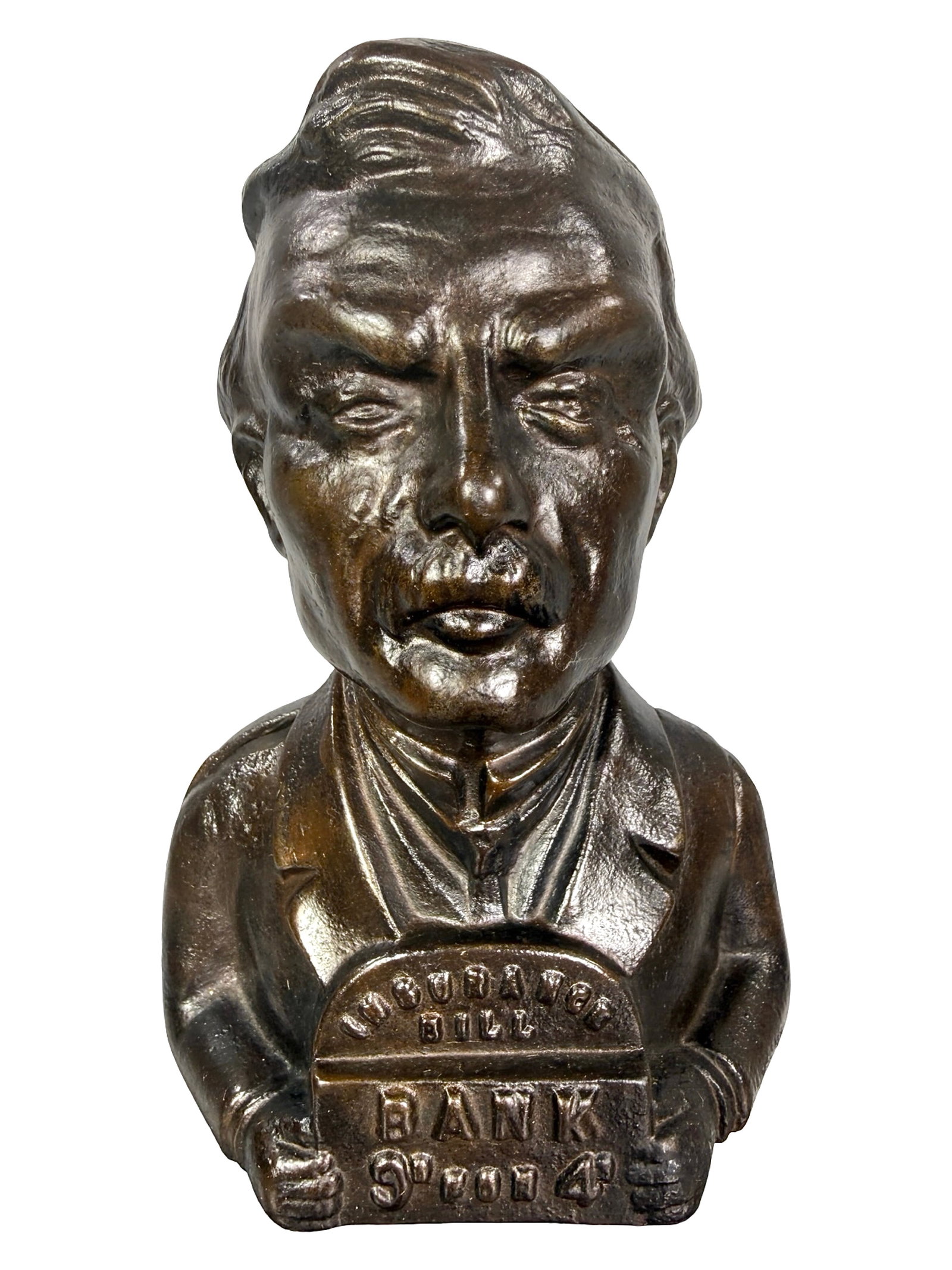 Prime Minister David Lloyd George - Still Bank: a.k.a. The Insurance Bill Bank. Very Scarce Political Bust Bank. Made by the John Harper Co. Ltd. England - 1910 - 5 3/4" T x 4" W. Bob and Shirley Peirce Collection.