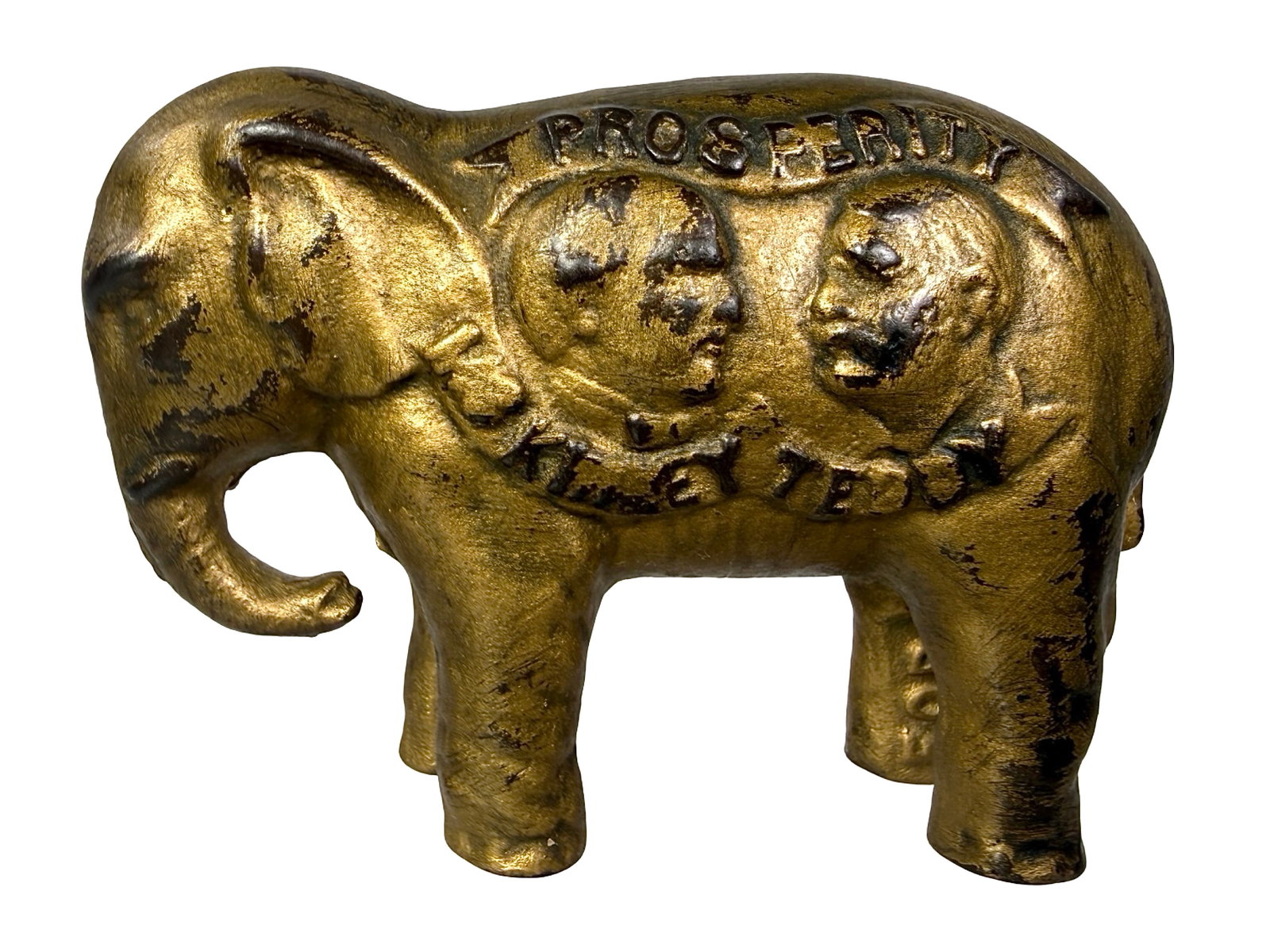 Prosperity McKinley Roosevelt Elephant - Still Bank: An "E" Rated Political Toy Bank. Unknown American Manufacturer. Circa 1900 - 2 1/2" T x 3 1/2" W. Bob and Shirley Peirce Collection.