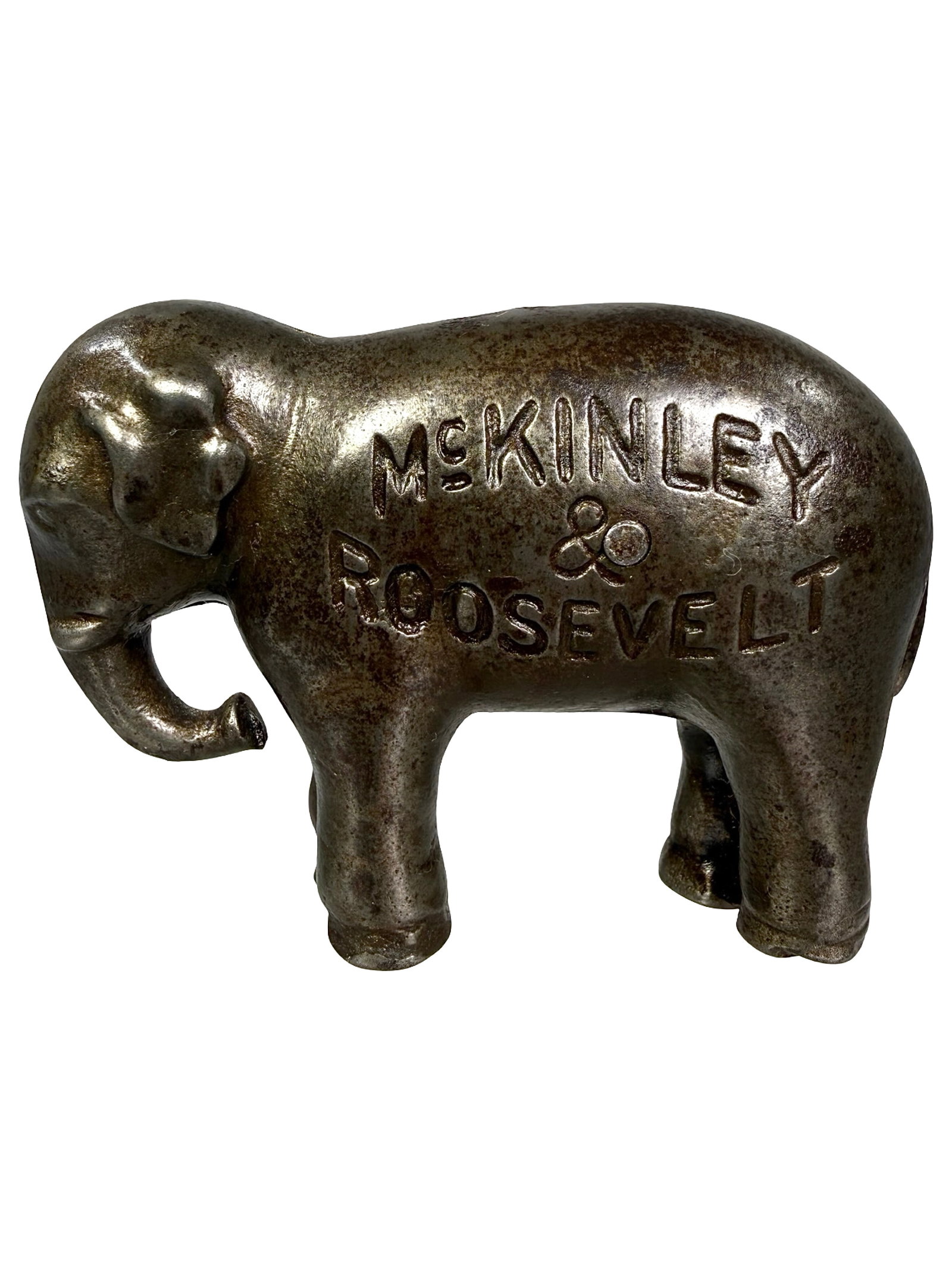 McKinley - Roosevelt Elephant - Still Bank: An "E" Rated Political Toy Bank. Unknown American Manufacturer. Circa 1900 - 2 1/2" T x 3 1/2" W. Bob and Shirley Peirce Collection.