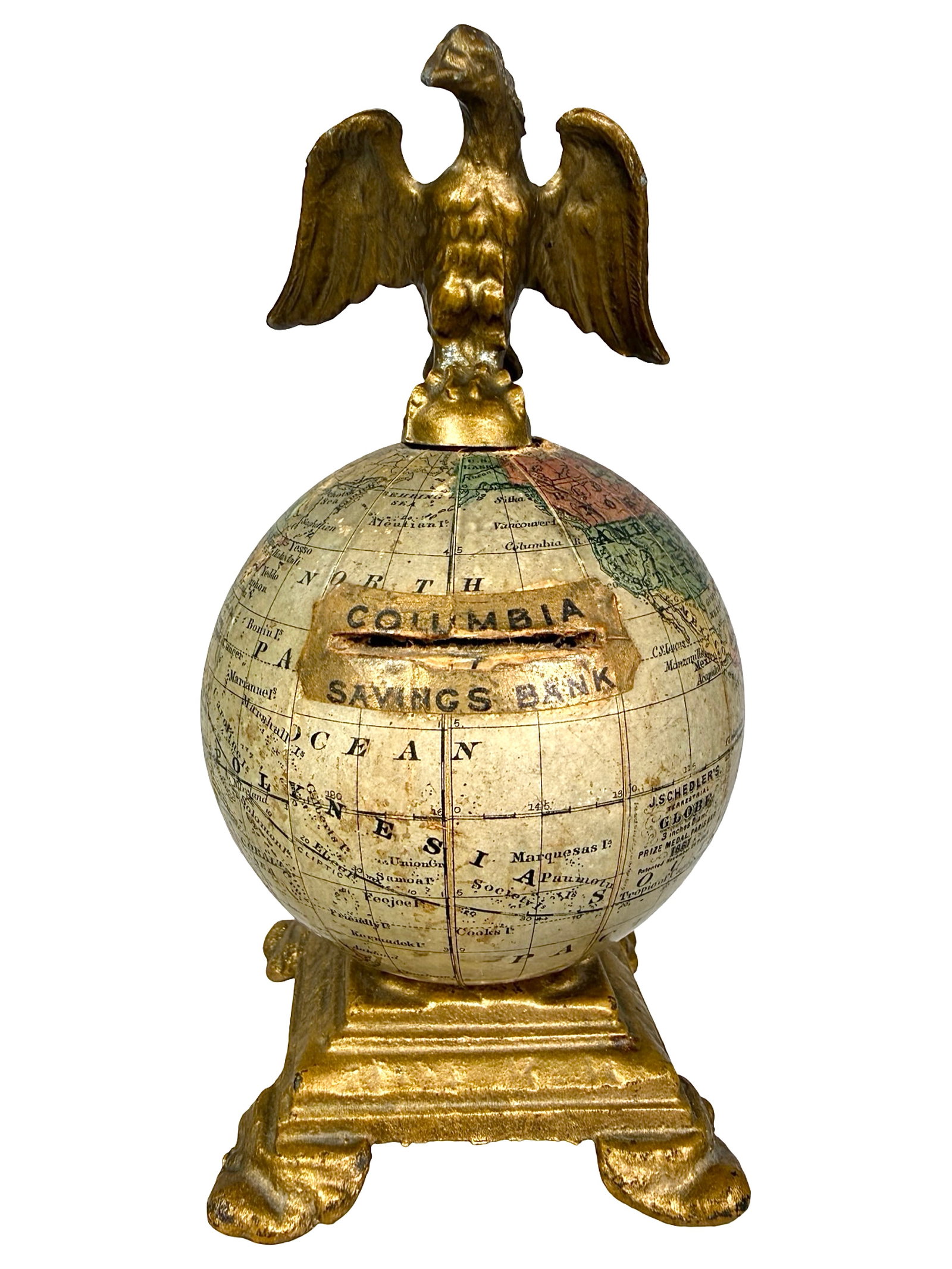 Rare "Columbia Savings Bank": Made of Paper, Wood & Cast Iron. Designed by Hermann Schedler. American - 1889 - 5 3/4" Tall. Bob and Shirley Peirce Collection. By placing the eagle atop the globe, the implied symbolism is that Amer