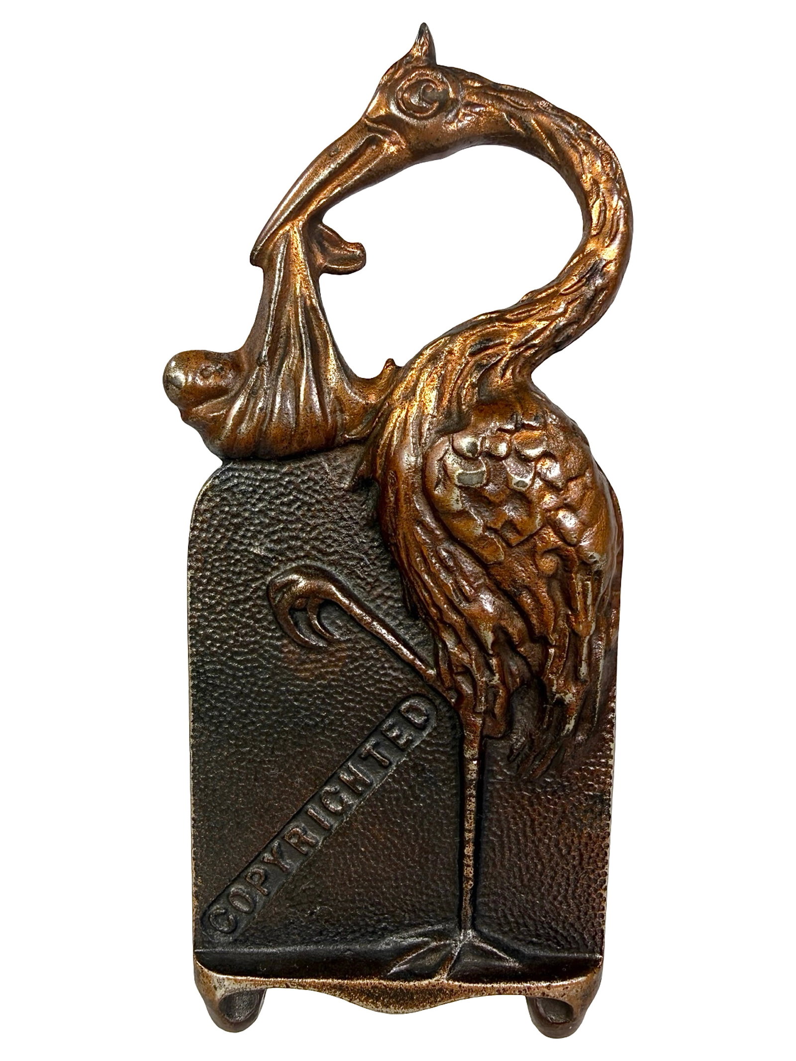 Stork Delivering Baby Safe: Made by the J. M. Harper Company. Chicago - 1907 - 5 1/2" T x 2 1/2" W. Bob and Shirley Peirce Collection.