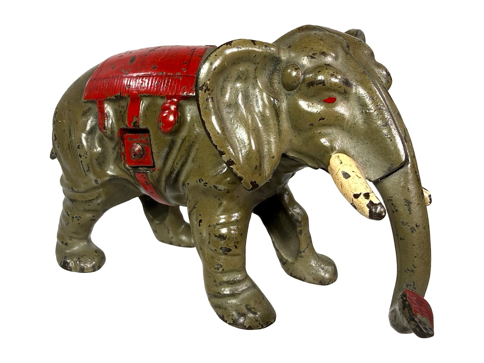 Elephant with Red Blanket - Still Bank: Symbolic Icon of the GOP. Made by Kenton Hardware Company. Ohio - Circa 1936 - 3 1/8" T x 5" W. Bob and Shirley Peirce Collection.