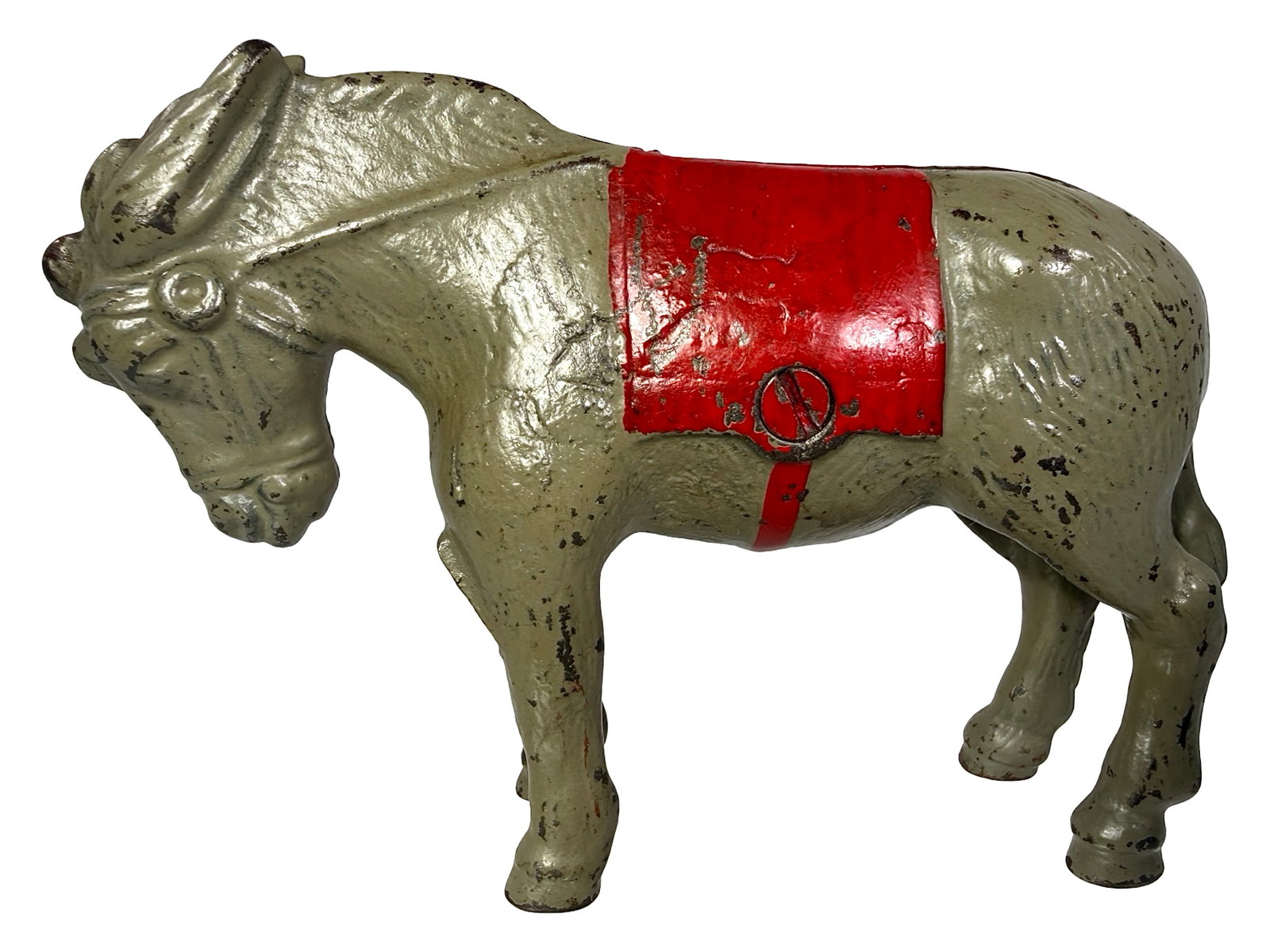 Donkey with Red Blanket - Still Bank: Symbolic Icon of the Democrats. Made by Kenton Hardware Company. Ohio - Circa 1936 - 4" T x 5 3/4" W. Bob and Shirley Peirce Collection.