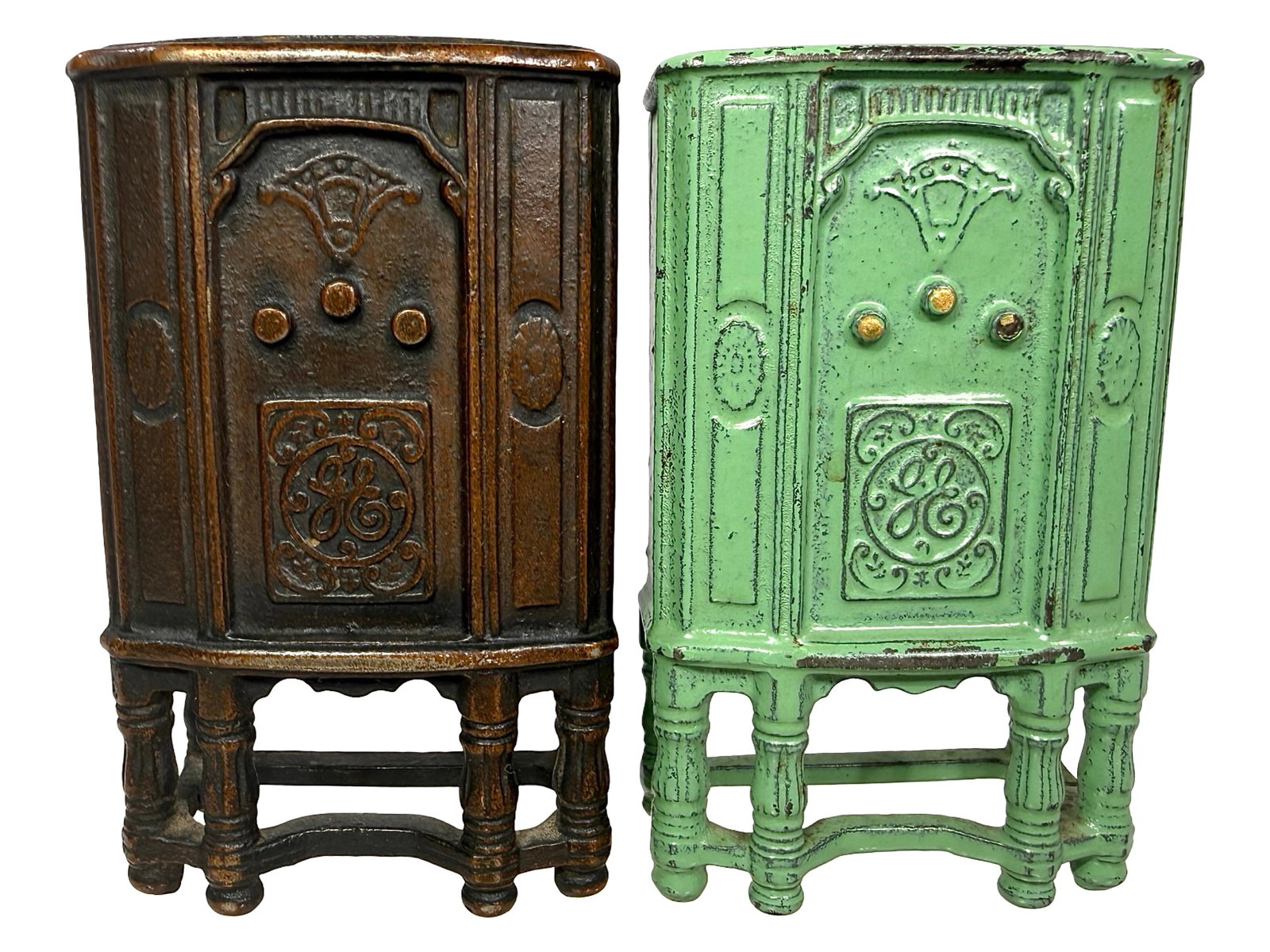 Two GE Radio Banks: By Arcade Mfg. Co. Freeport, IL - 1930's. 4" T x 2 3/8" W. Bob and Shirley Peirce Collection.