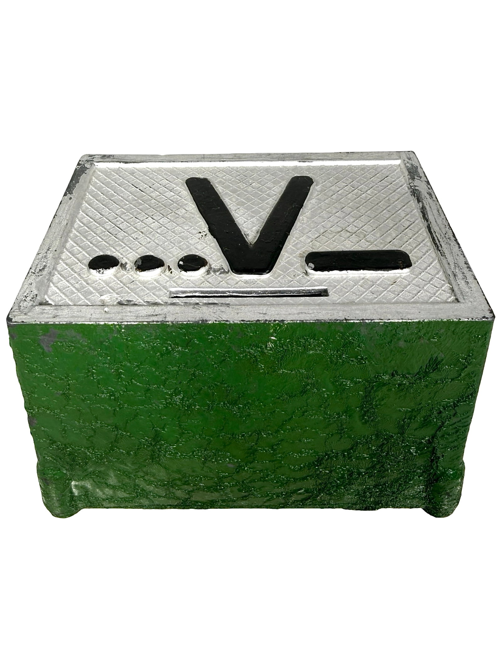 V is for Victory Collection Box: Made of Aluminum. American - 1930's. 4 1/4" L x 2 5/8" T x 3" D. Bob and Shirley Peirce Collection.