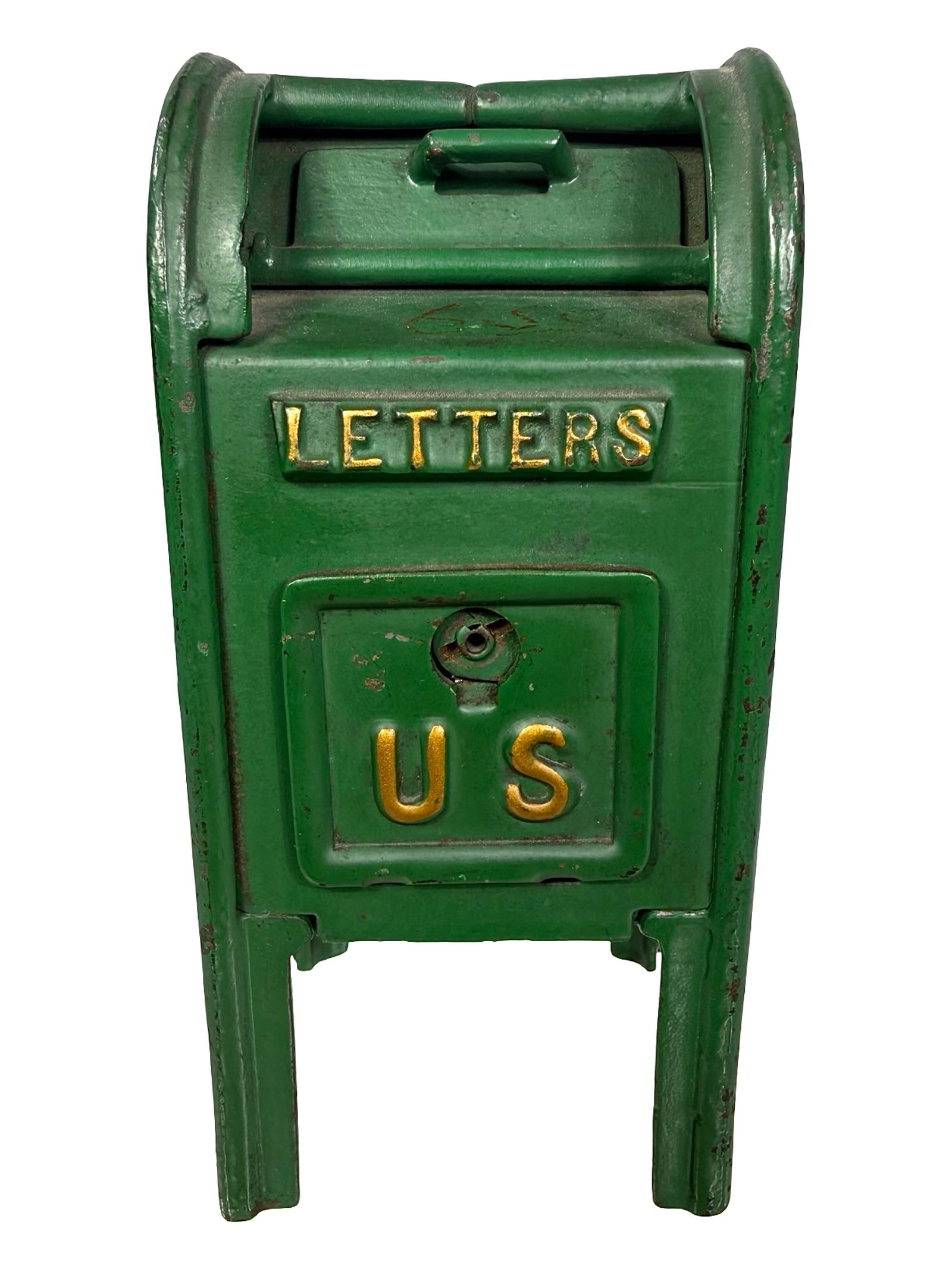 U. S. Mail Post - Still Bank: By Hubley Mfg. Co. Lancaster, Pa. - 1930's. 5 3/4" T x 2 1/2" W x 2 1/4" D. Bob and Shirley Peirce Collection.