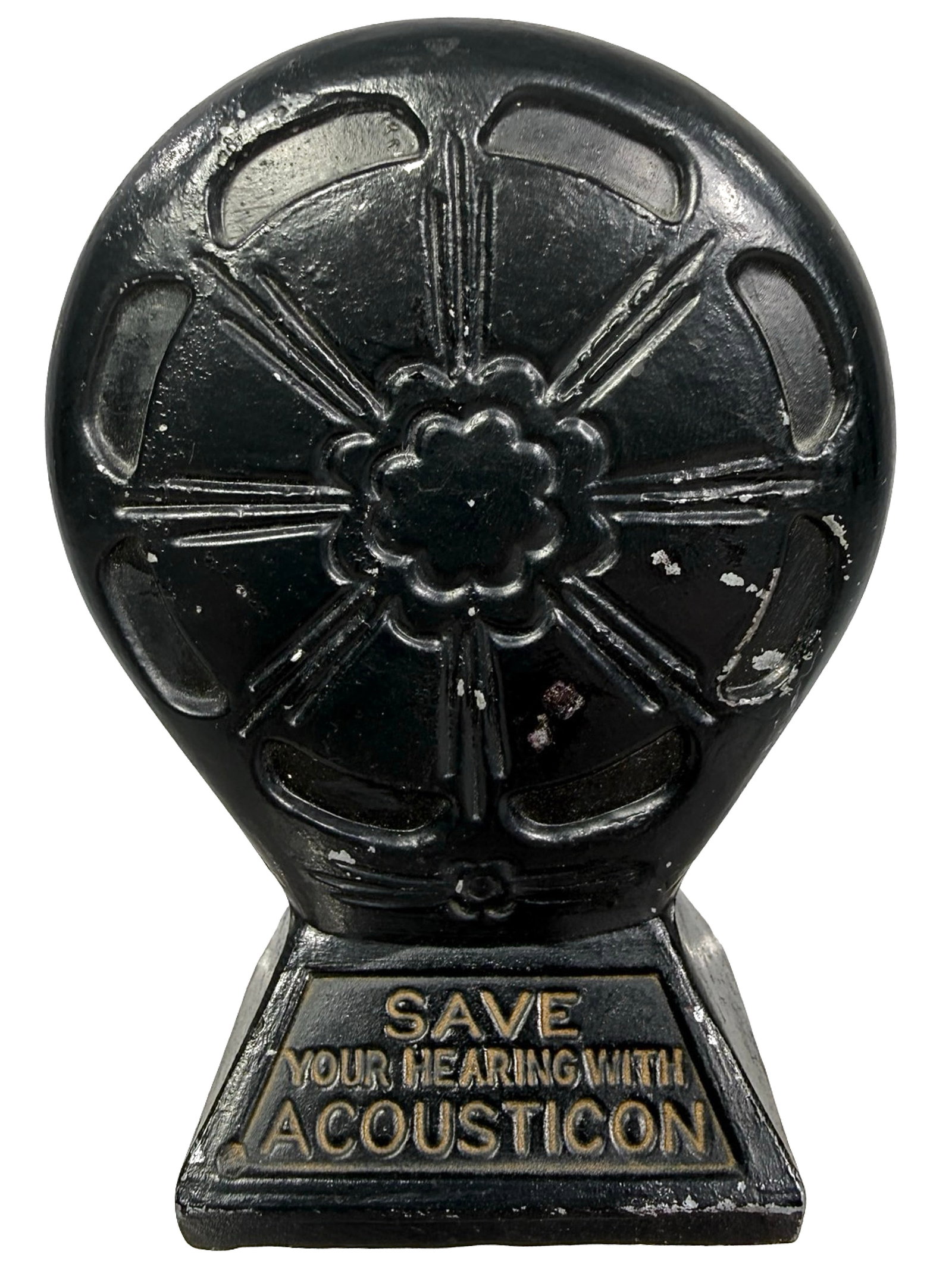 Acousticon Hearing Bank - Rare: "Save Your Hearing". National Products Corp. Chicago, IL - 1935. 4" T x 2 3/4" W" x 1 1/4" D. Bob and Shirley Peirce Collection.