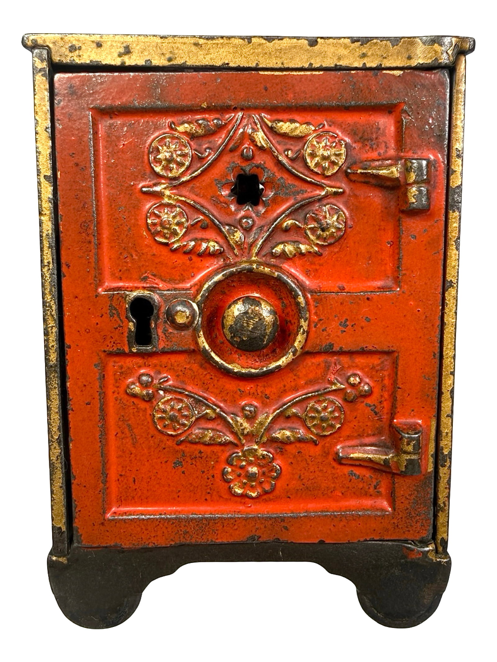 Rosette Safe: By Stevens & Shimer. American - 1897. 4" T x 2 3/4" W x 2 3/4" D. Bob and Shirley Peirce Collection.