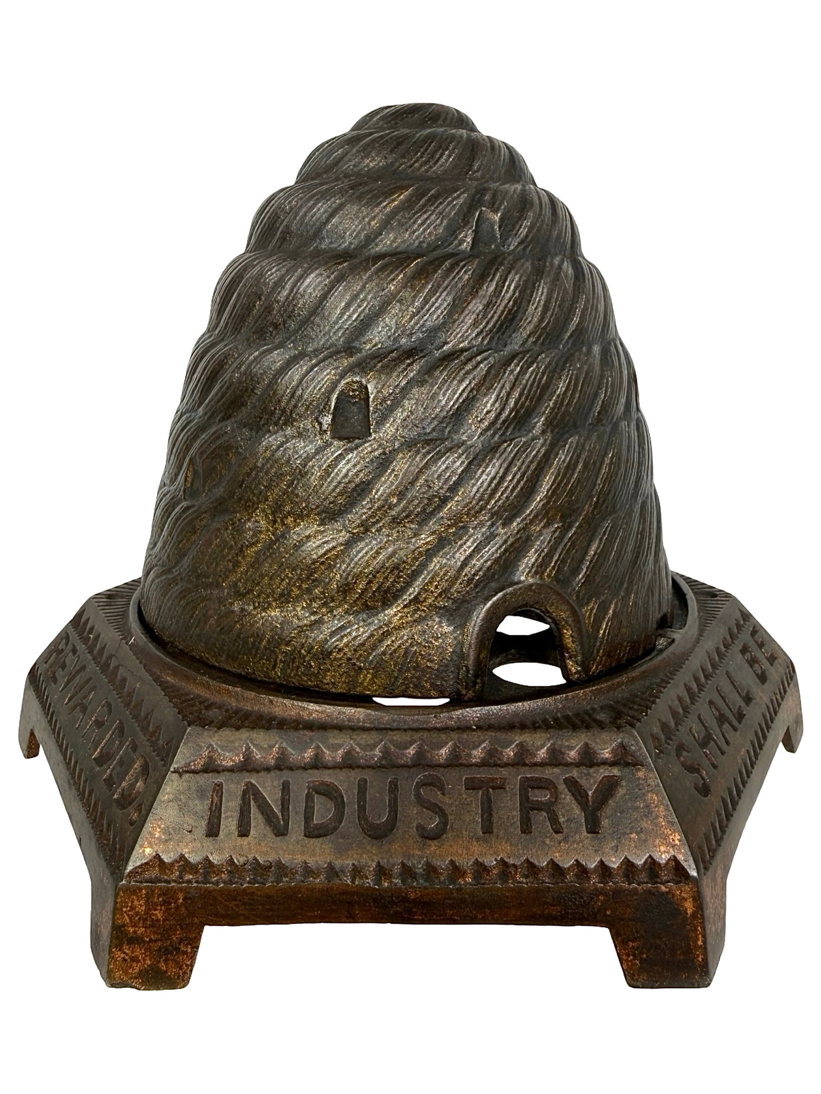 Large Cast Iron Beehive Bank: "Industry Shall Be Rewarded". Made by John Harper Co. Ltd. England - 1898 - 4" T x 5 1/2" W. The Tom Kellogg Collection.