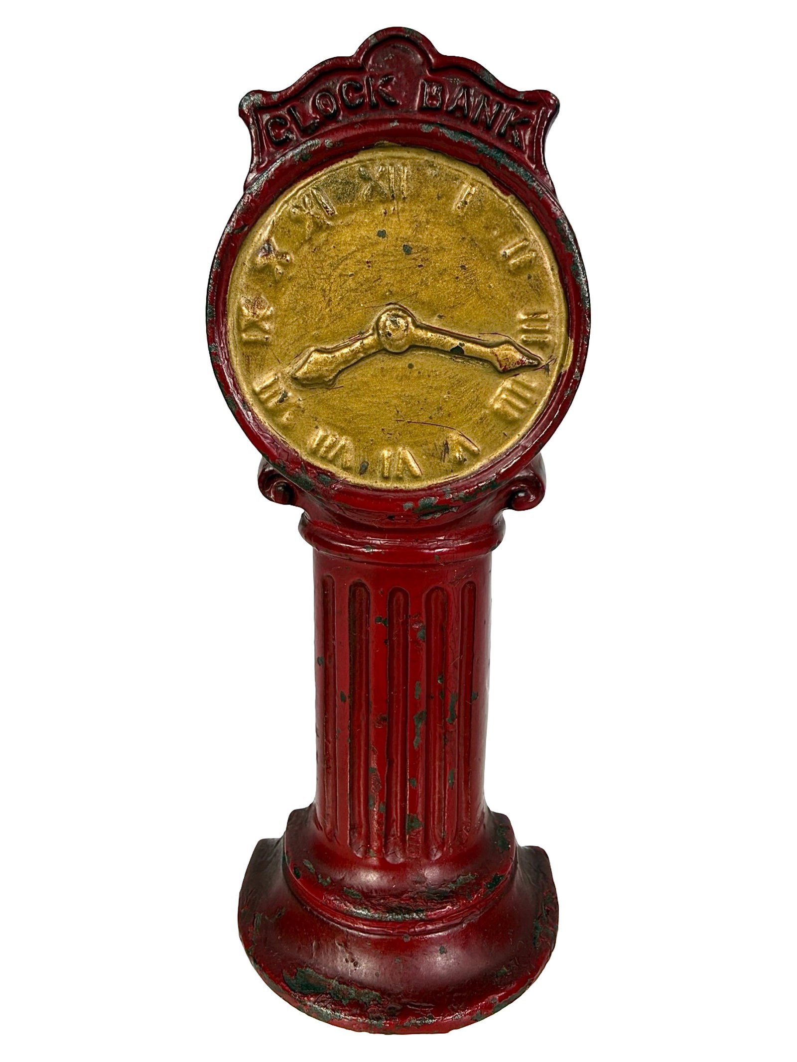 Red & Gold Street Clock - Still Bank: By the A. C. Williams Company. Ohio - 1920's - 6" T x 2 1/2" W. Bob and Shirley Peirce Collection.