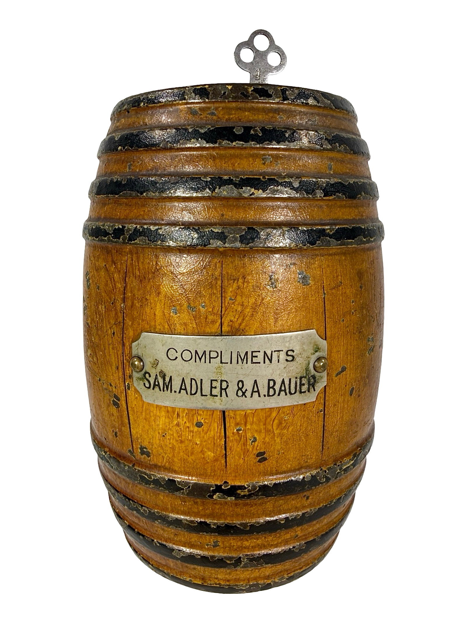 Cast Iron Barrel Bank with Advertising: Compliments Sam Adler & A. Bauer. American - 1900 - 5 1/2" T. The Tom Kellogg Collection.