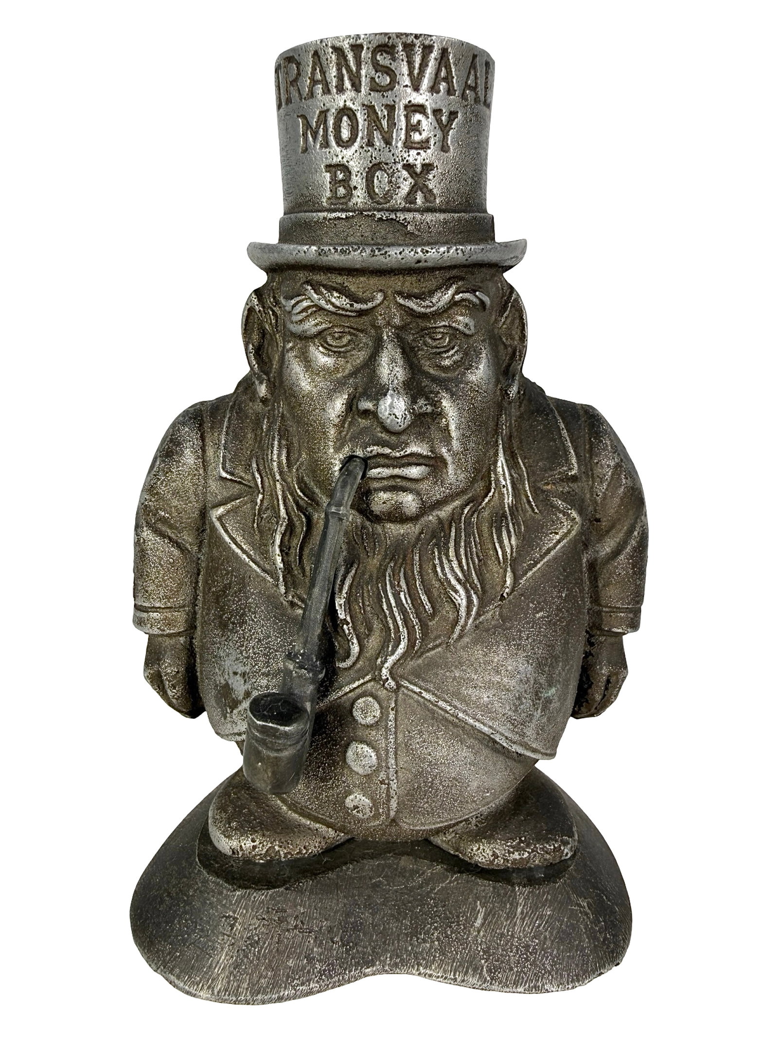 Transvaal Money Box on Base: Political Satire of Paul Kruger. Unknown European Maker. Circa 1890's - 6 5/8" Tall. Bob and Shirley Peirce Collection.
