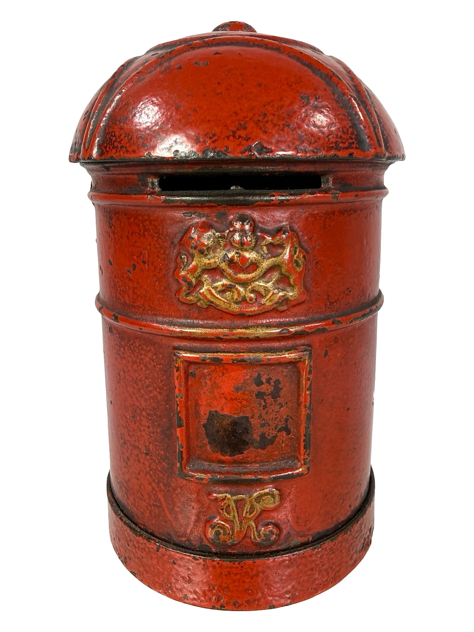 Red English Pillar Box - Still Bank: VR = Victoria Regina. Unknown English Maker. Ca. 1895 - 5 3/8" T x 3" D. The Clayton Luther Collection.