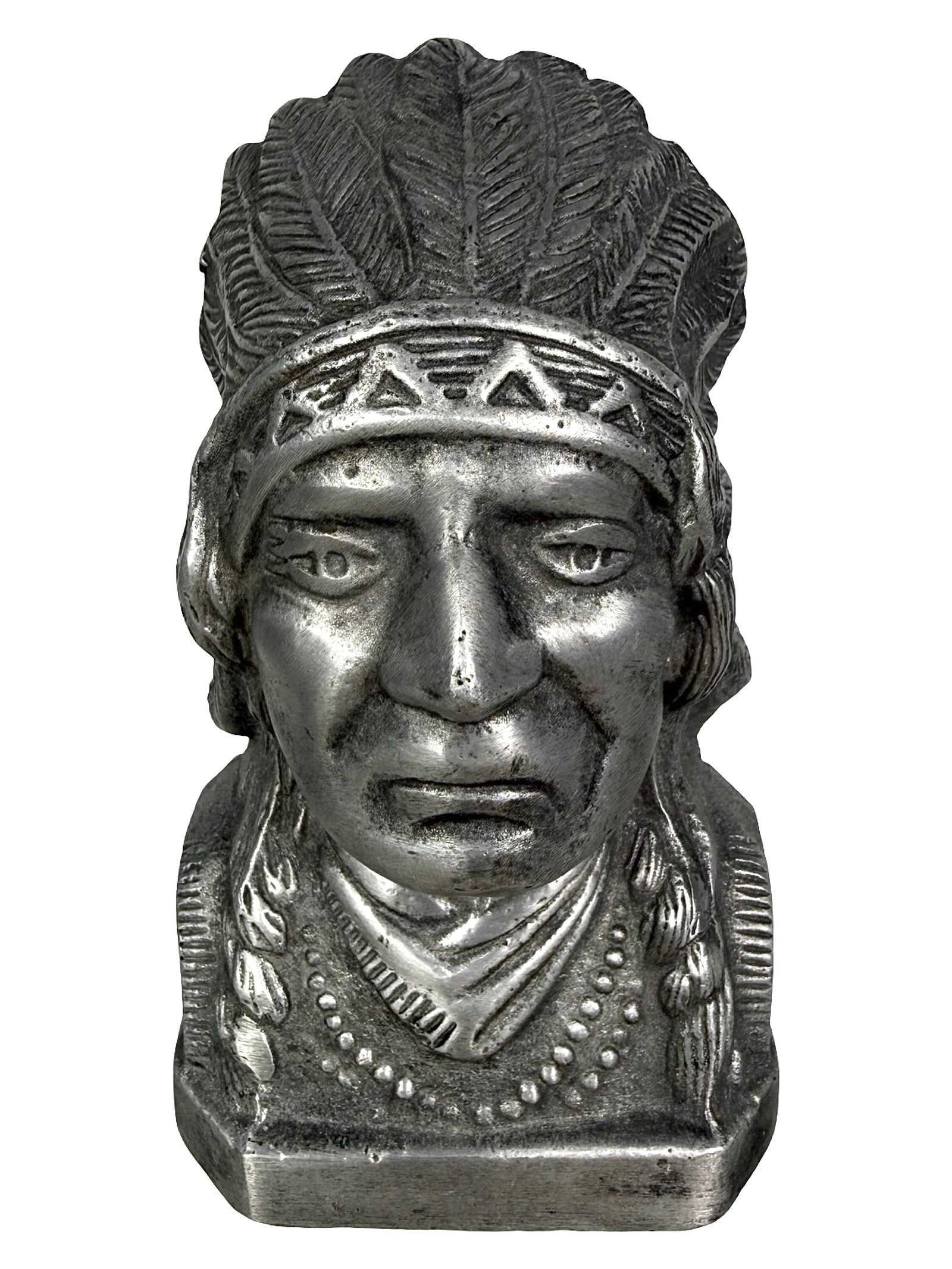 Aluminum Indian Chief Bust Bank: A Giveaway for Indian Motorcycles. Unknown American Manufacturer. Circa 1950's - 4 1/8" T x 3 1/4" W. Bob and Shirley Peirce Collection.