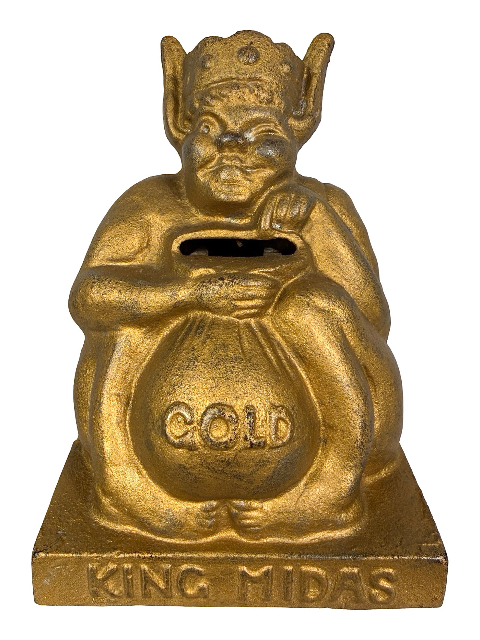 King Midas Still Bank: Unusual Gold Variant. Made by Hubley Mfg. Company. Penn. - 1930 - 4 1/2" T x 3 1/2" W. Bob and Shirley Peirce Collection.