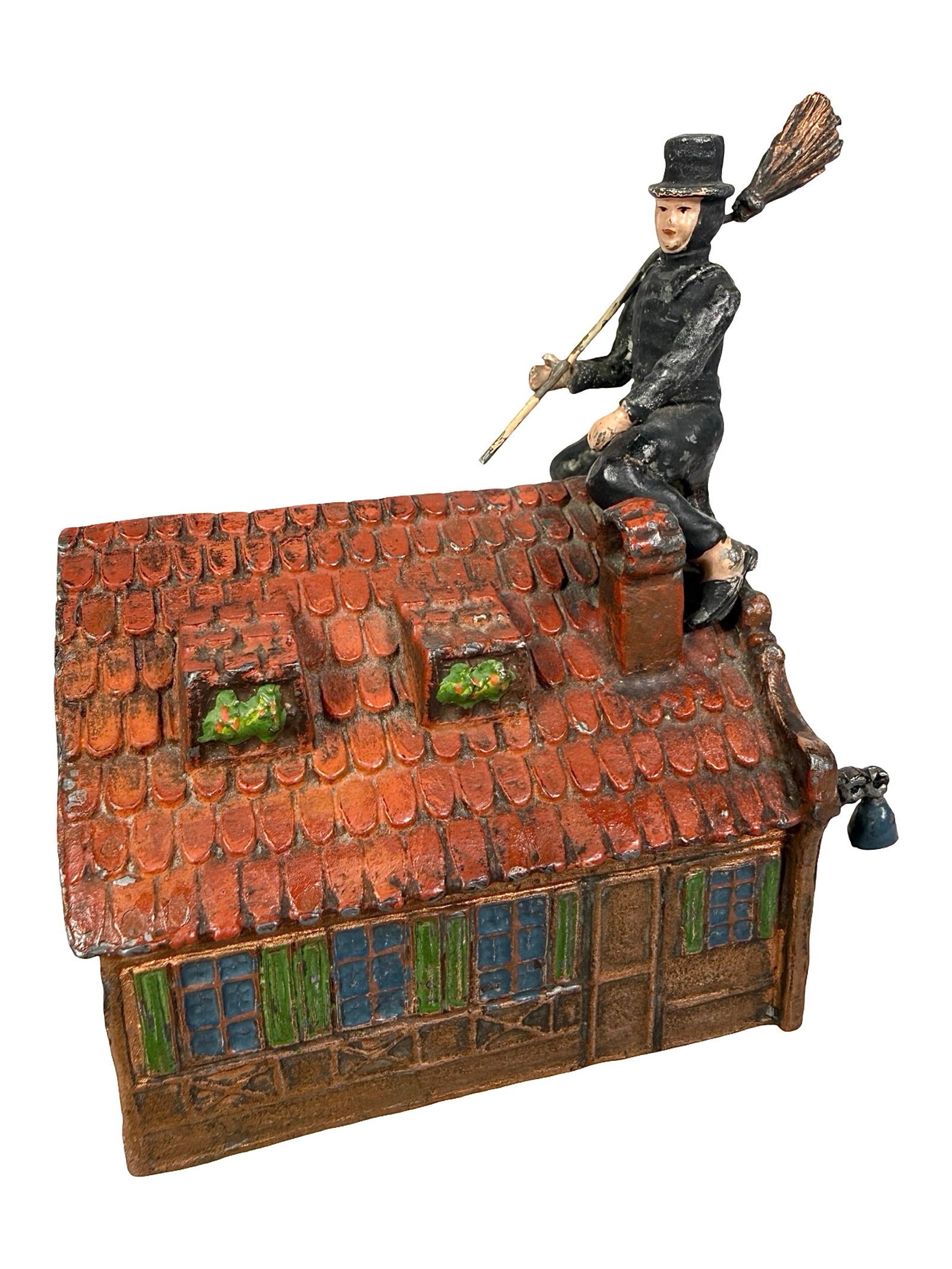 Spelter Chimney Sweep on Roof - Still Bank: Germany - 1910's - 4 1/4" T x 3" W. The Clayton Luther Collection.