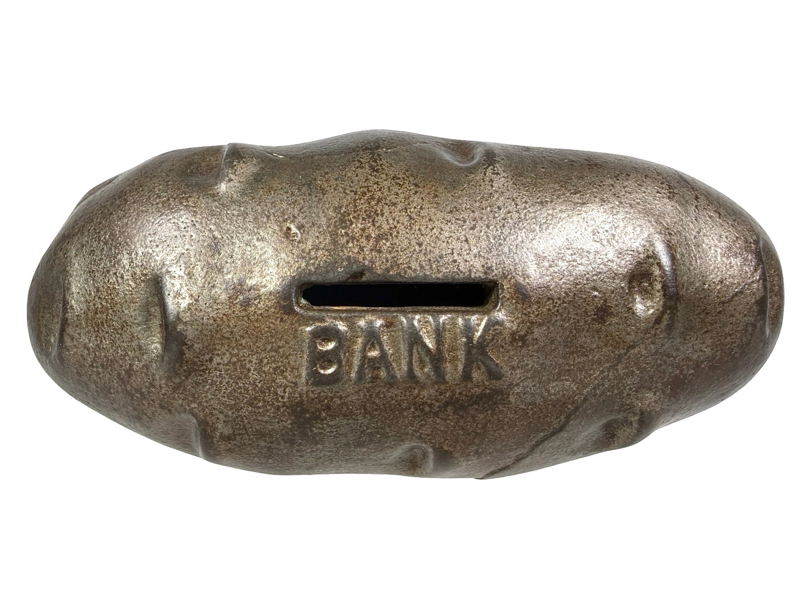 Silver Painted Potato Bank: Designed by Mary A. Martin. USA -1893 - 2" T x 5 1/4" W. Bob and Shirley Peirce Collection. For those not benefitting from Pingree's clever political maneuvers, the potato shape was still a compelling