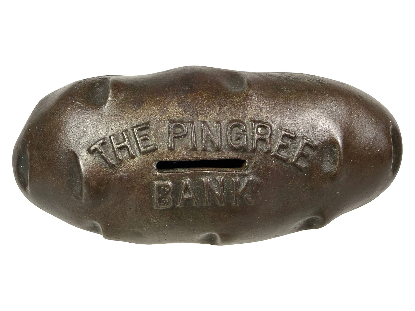 The Pingree Potato: Designed by Mary A. Martin. USA - 1893 - 2 1/4" T x 5 1/2" W. Bob and Shirley Peirce Collection. During the financial Panic of 1893, Mayor Hazen Pingree of Detroit launched his "Potato Patch Plan" by 
