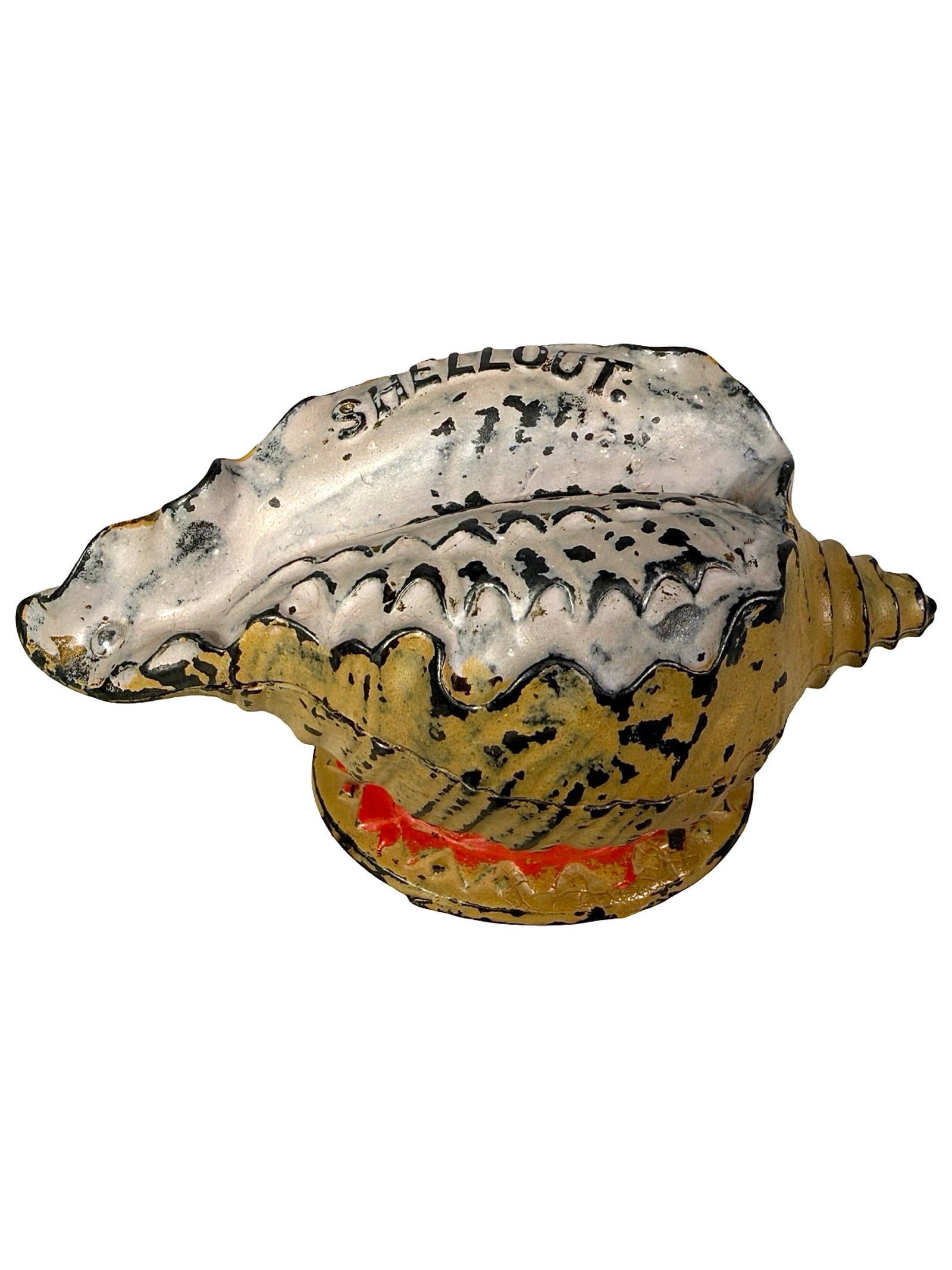 Scarce Shell Out Bank: Unusual Deluxe Painted Finish. By the J. & E. Stevens Company. Circa 1888 - 2 1/2" T x 4 3/4" W. Edwin Mosler Collection. Bob and Shirley Peirce Collection.