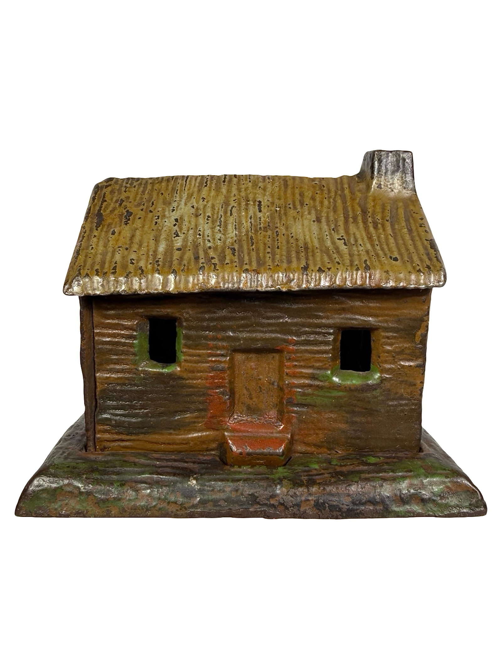 Painted Log Cabin - Right Chimney - Still Bank: Made by Kyser & Rex Company. Frankford, Pa. - 1880's - 2 1/2" T. The Tom Kellogg Collection.