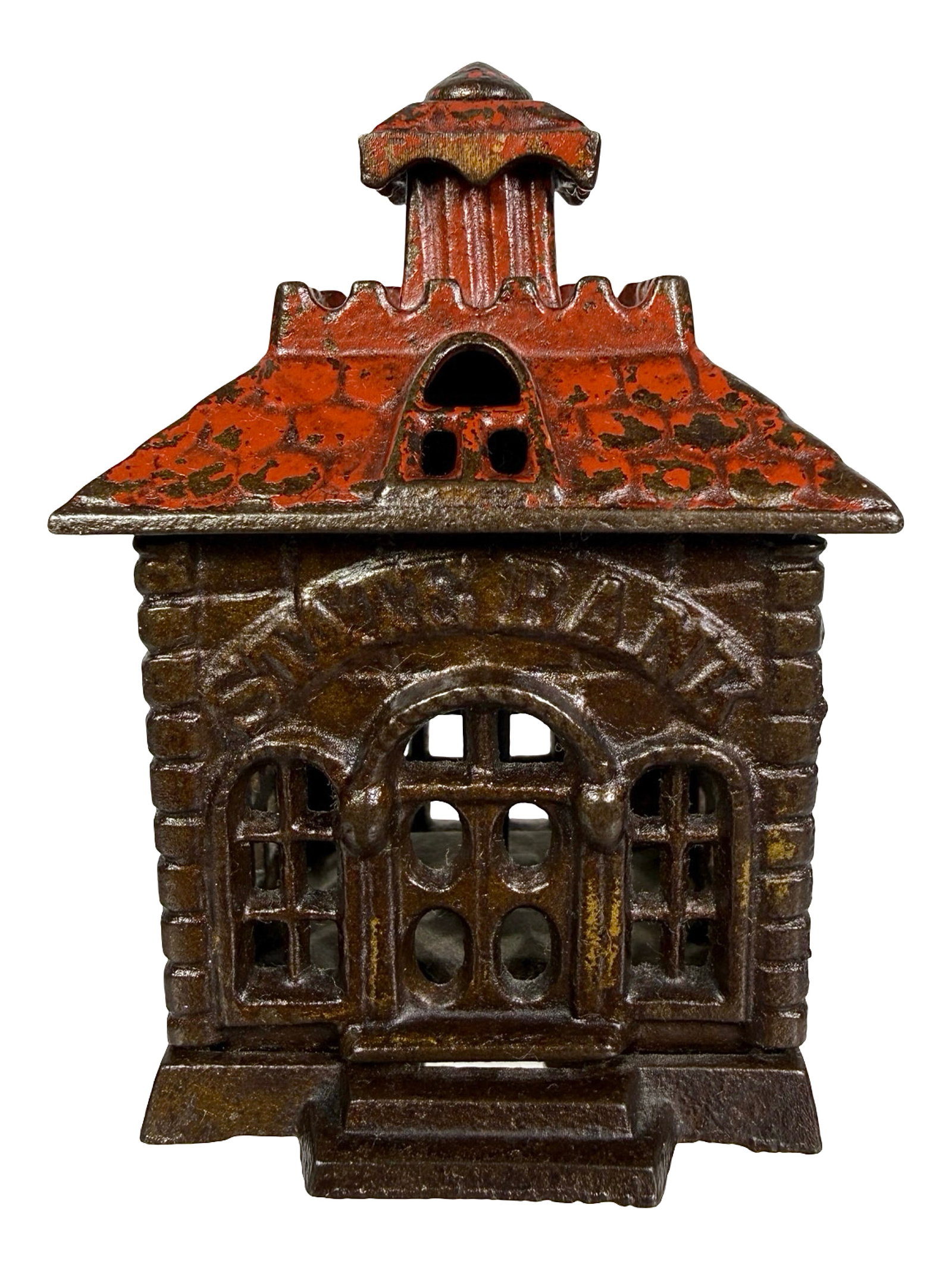 Small State Bank - Red Roof: By Grey Iron Casting Company. Mount Joy, Pa. -1900 - 3 3/8" T. Shown on P. 218 in Peirce Book. The Tom Kellogg Collection.