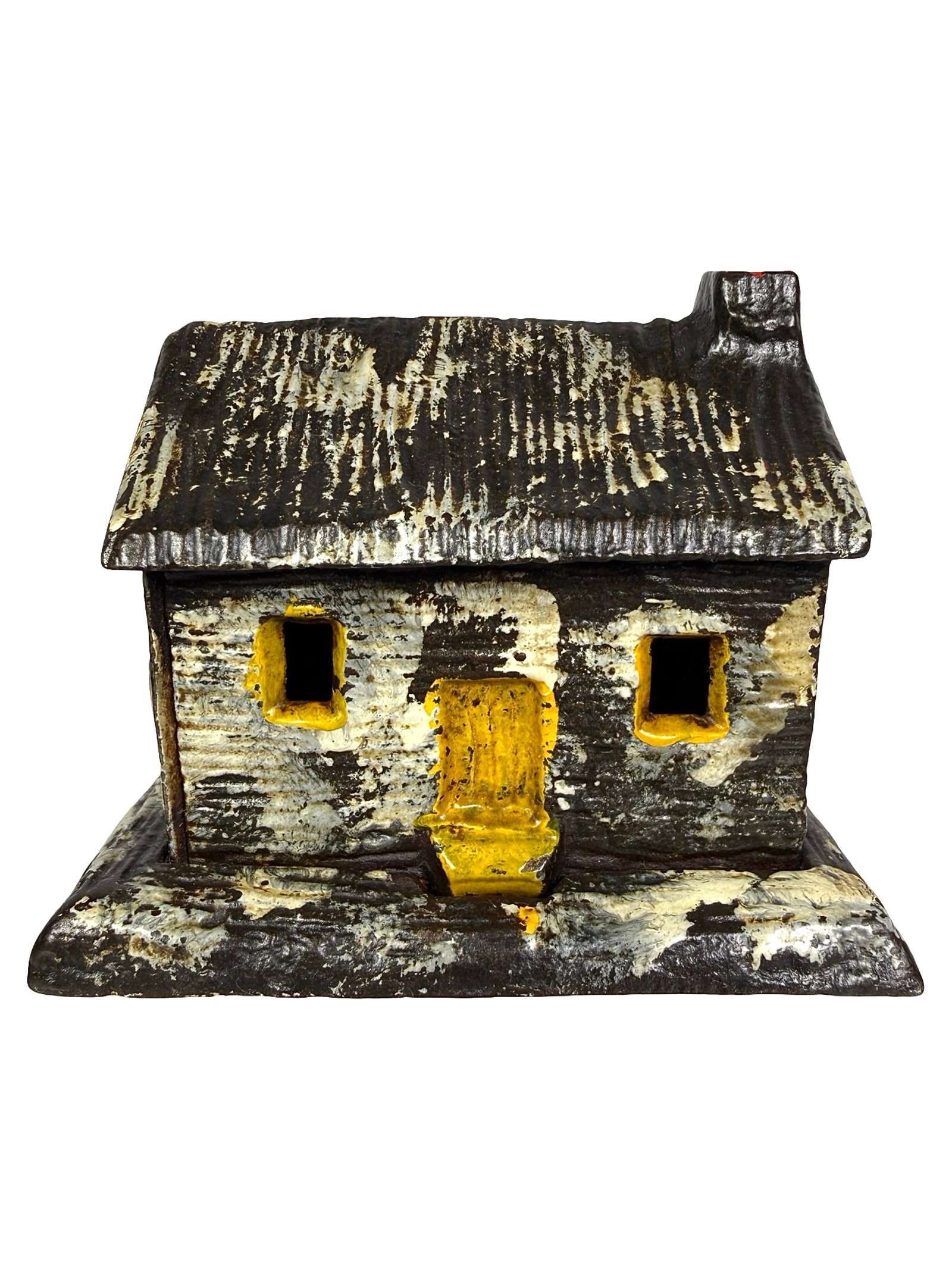 Painted Log Cabin - Right Chimney - Still Bank: Made by Kyser & Rex Company. Frankford, Pa. - 1880's - 2 1/2" T. The Tom Kellogg Collection.