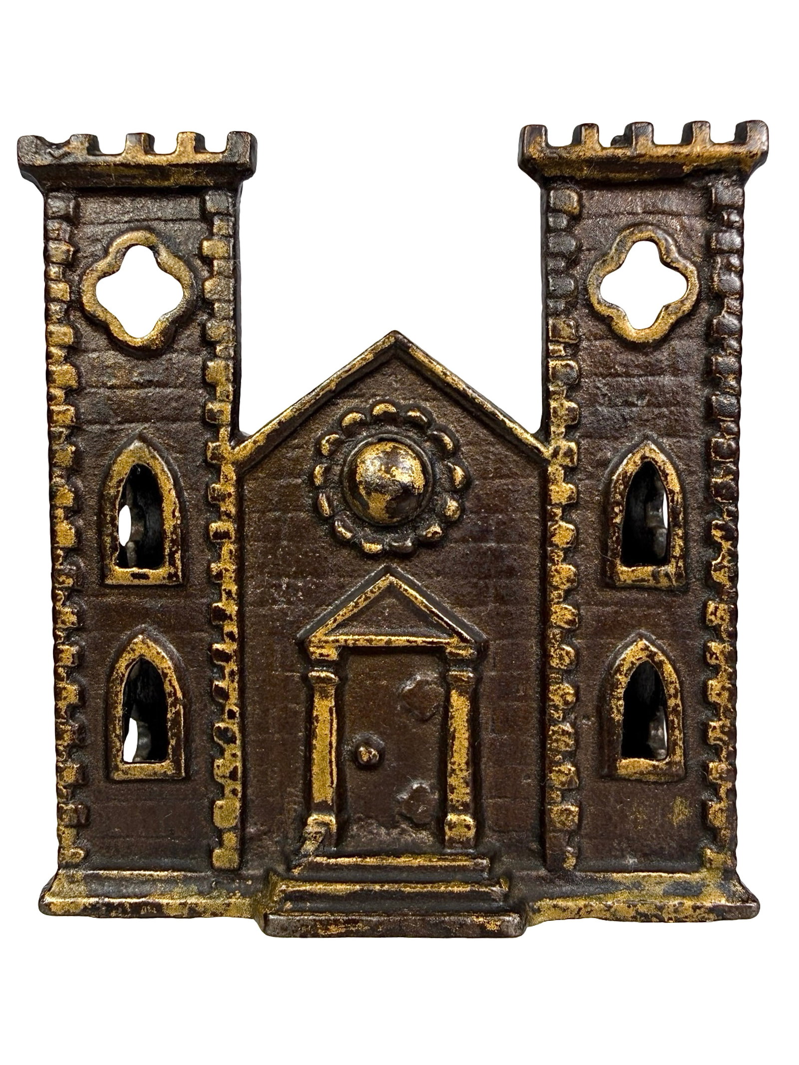 Japanned Castle Bank: Made by Kyser & Rex Company. Frankford, Pa. - 1880's - 3" T. Shown on P. 80 in Peirce Book. The Tom Kellogg Collection.