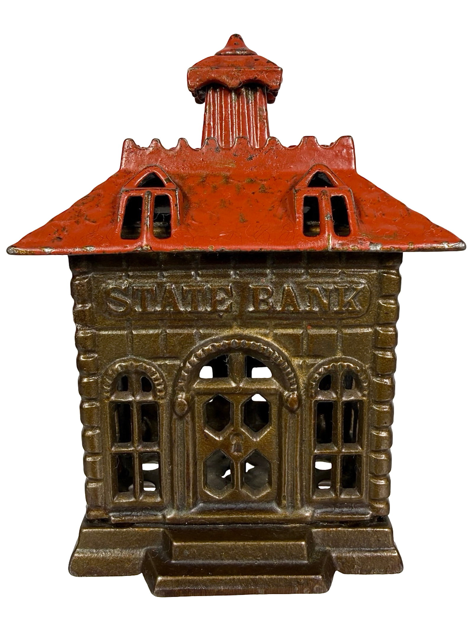 Medium State Bank - Red Roof: By Grey Iron Casting Company. Mount Joy, Pa. - 1900 - 4 1/4" T. Shown on P. 216 in Peirce Book. The Tom Kellogg Collection.