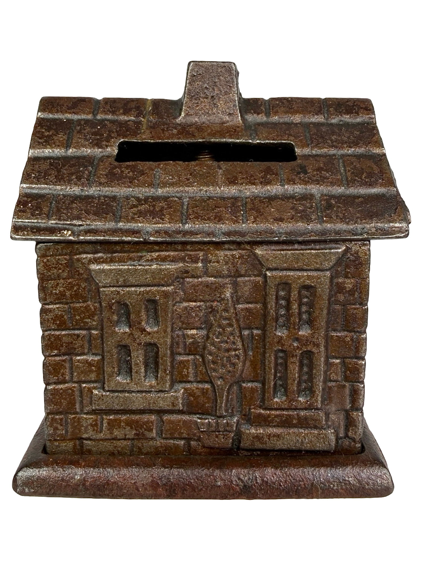 Rare Cottage with Potted Plant - Still Bank: Attributed to John Harper Ltd. England - Circa 1895 - 3" Tall. Shown on P. 53 in Peirce Book. The Tom Kellogg Collection.