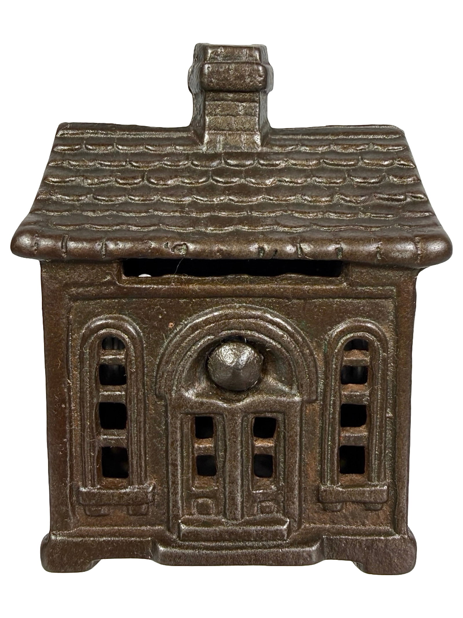 One Story House - Embossed Tin Sides - Still Bank: Unknown English or American Maker. Circa Early 1890's - 3" Tall. Shown on P. 47 in Peirce Book. The Tom Kellogg Collection.