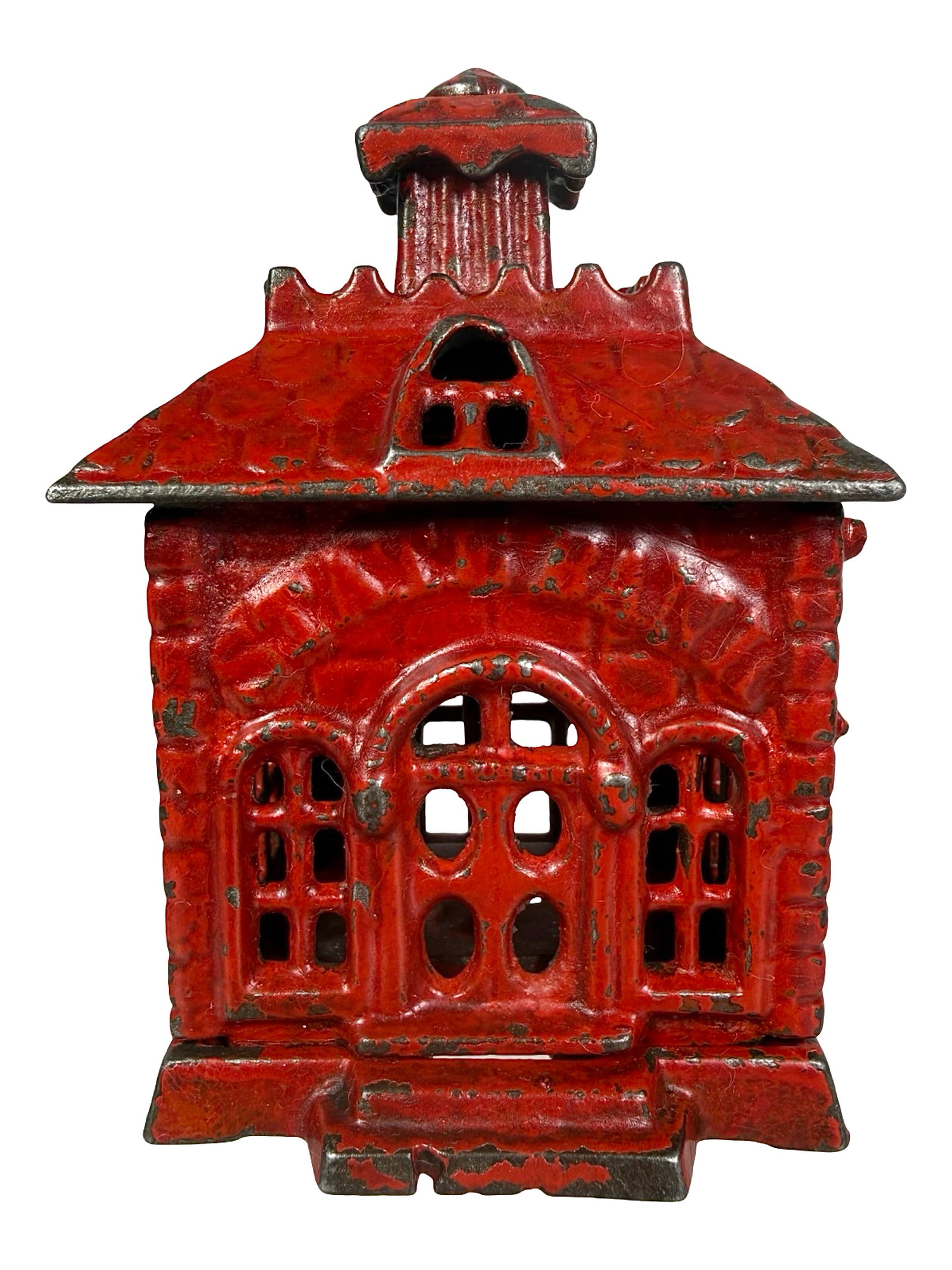 Small All Red State Bank with Arched Letters & Solid Door: Attrib. Grey Iron Casting Company. Mount Joy, Pa. - 1900 - 3 1/4" Tall. The Tom Kellogg Collection.