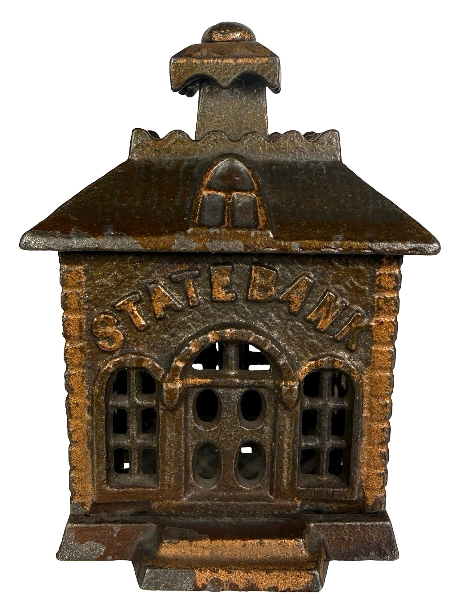 Small Japanned State Bank with Thatched Roof & Closed Dormer: Attrib. to the John Harper Co. Ltd. England - Circa 1898 - 3 1/4" Tall. Shown on P. 218 in the Peirce Book. The Tom Kellogg Collection.