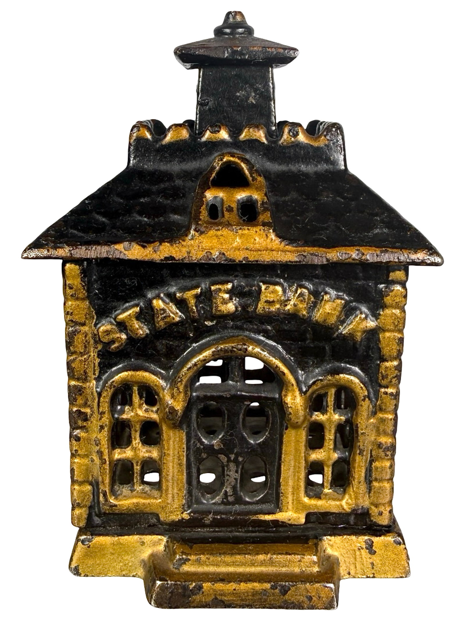 Small Black & Gold State Bank with Arched Letters & Solid Door: Unknown American Manufacturer. Circa 1890's - Unique 3 5/8" Tall. Shown on P. 216 in the Peirce Book. The Tom Kellogg Collection.