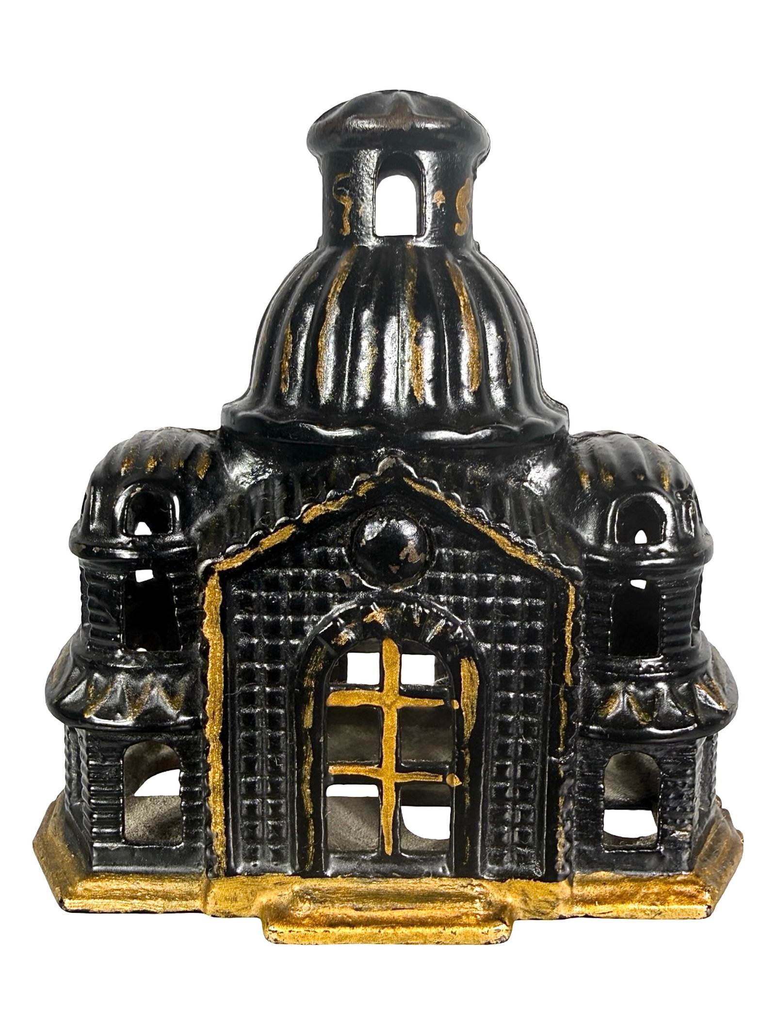 Medium Black & Gold Domed Mosque - Still Bank: By the Grey Iron Casting Company. Mount Joy, Pa. -1910 - 4 1/4" Tall. Shown on P. 32 in the Peirce Book. The Tom Kellogg Collection.
