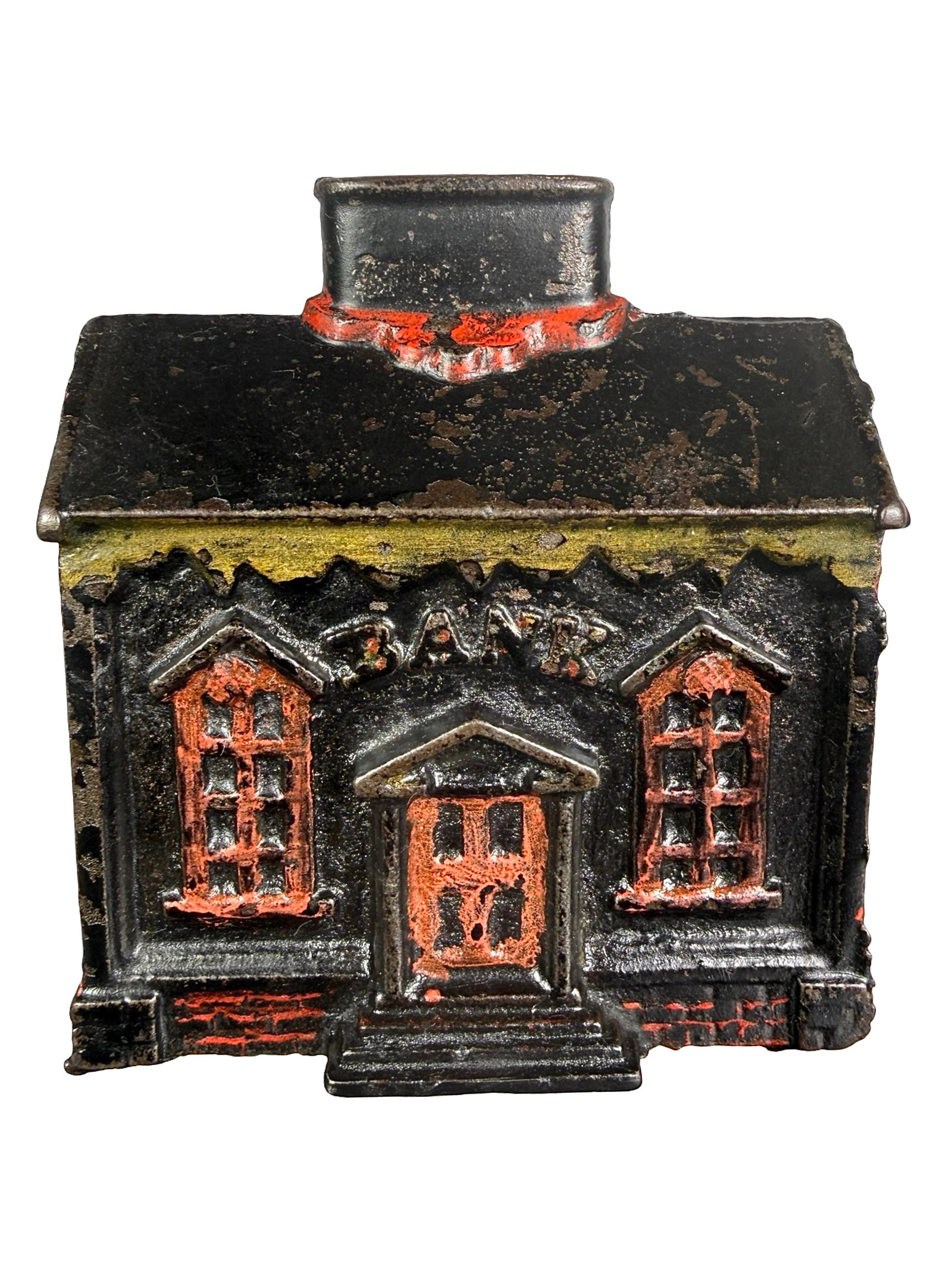 Large House with Chimney Slot - Still Bank: Only 2 or 3 Surviving Specimens. Unknown American Manufacturer. Circa Early 1890's - 4" T x 3 3/4" W. Shown on P. 53 in the Peirce Book. The Tom Kellogg Collection.