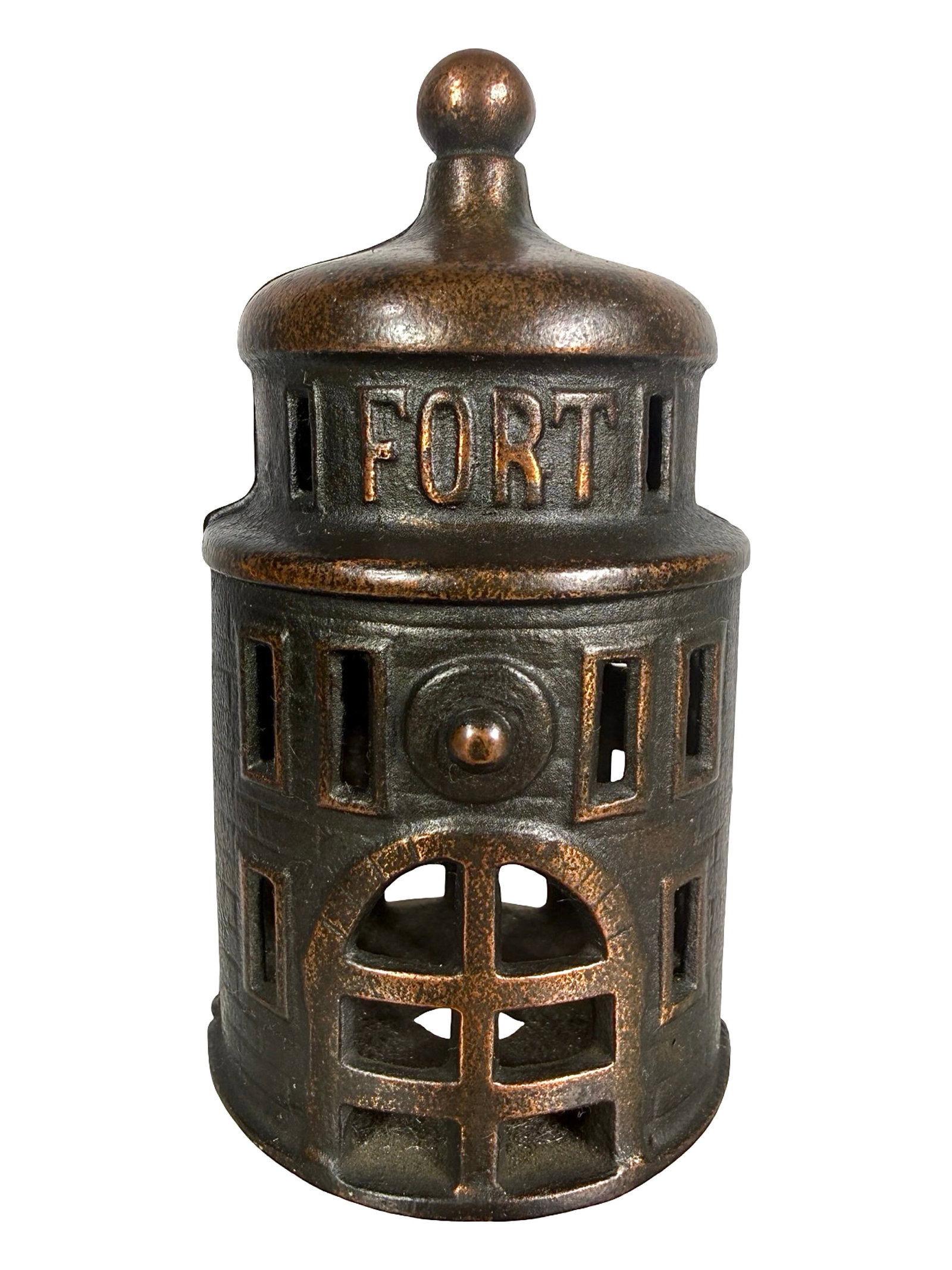 Tower Shaped Fort Bank: Scarce Electroplated Finish. By Kenton Hardware Company. Kenton, Ohio - 1900's - 4 1/8" T. Shown on P. 84 in Peirce Book. The Tom Kellogg Collection.