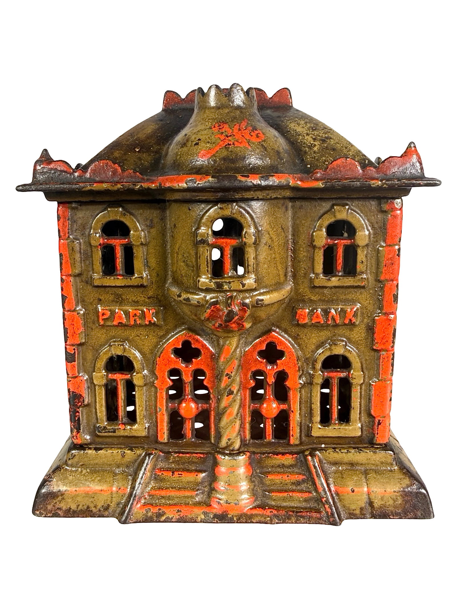 Rare & Important Park Bank: Japanned with Painted Details. Unknown American Manufacturer. Circa 1880's - 4 3/8" T x 4 1/4 " W. Shown on P. 50 in the Peirce Book. The Tom Kellogg Collection.